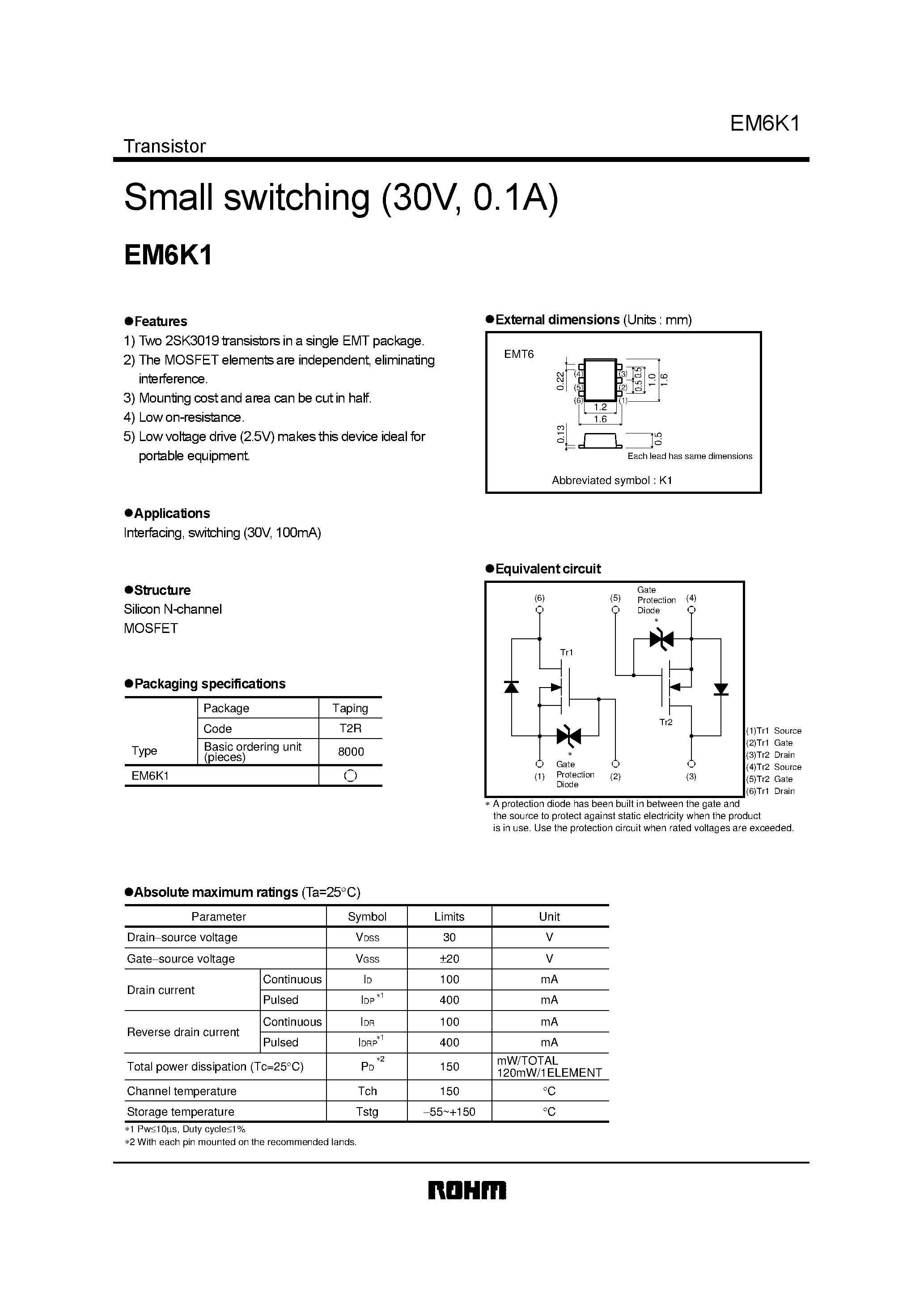 Datasheet EM6K18000 - Small switching (30V/ 0.1A) page 1