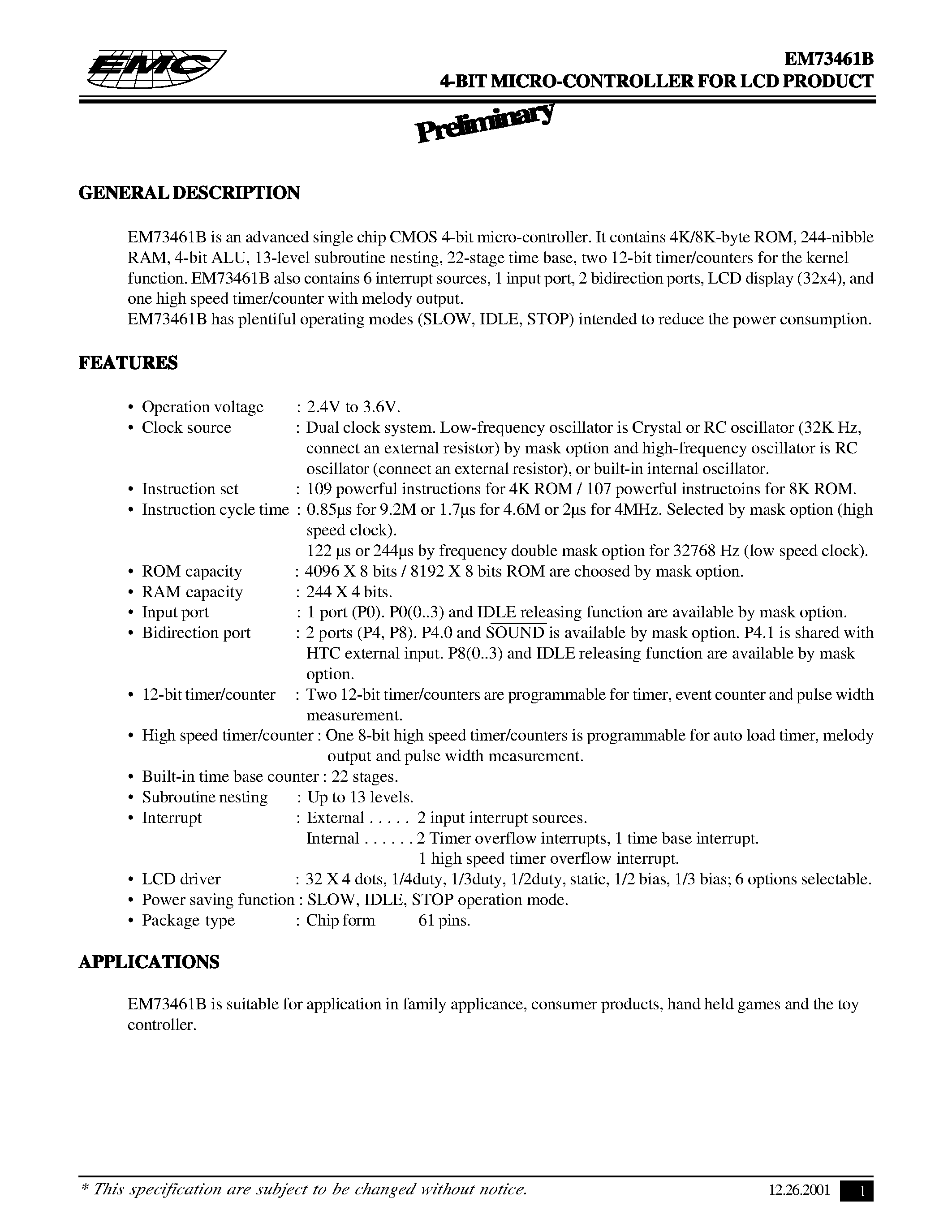 Даташит EM73461B - 4-BIT MICRO-CONTROLLER FOR LCD PRODUCT страница 1