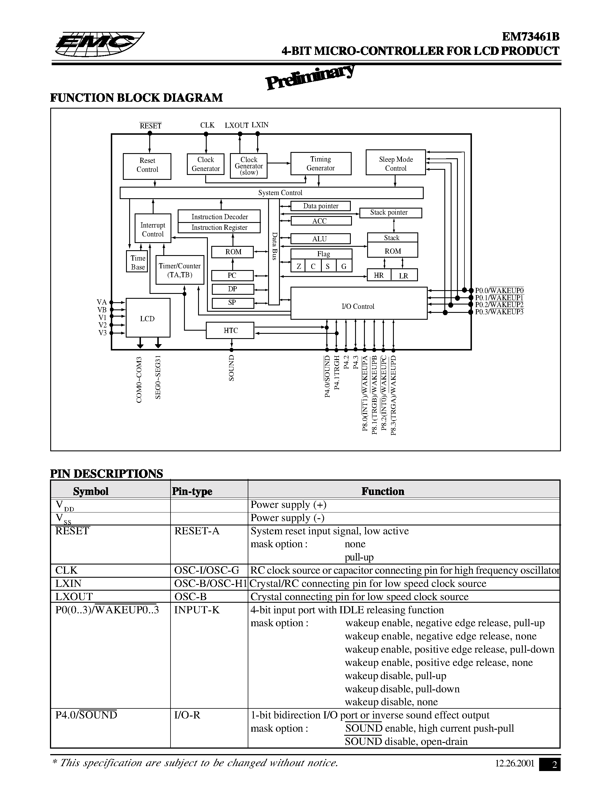 Даташит EM73461B - 4-BIT MICRO-CONTROLLER FOR LCD PRODUCT страница 2