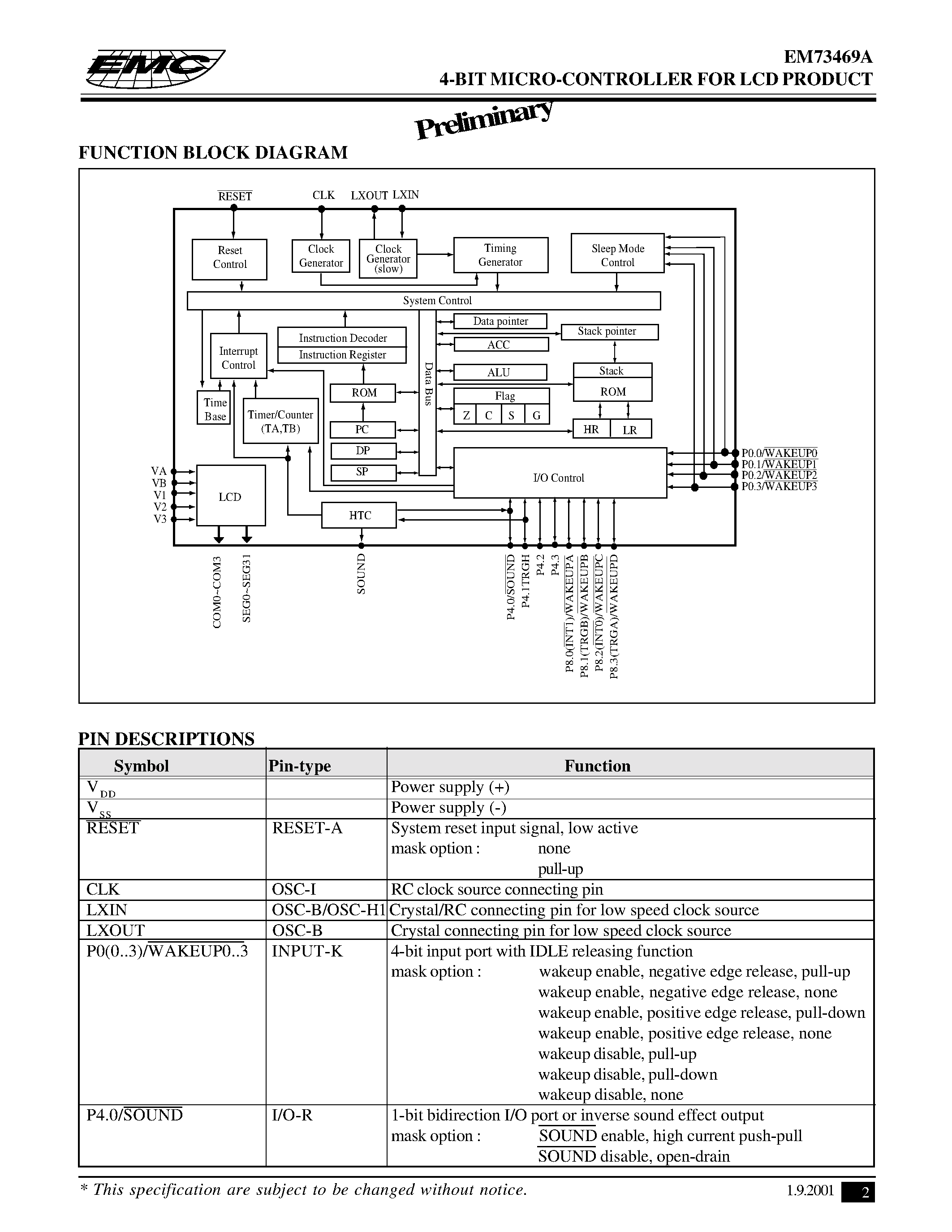 Даташит EM73469A - 4-BIT MICRO-CONTROLLER FOR LCD PRODUCT страница 2
