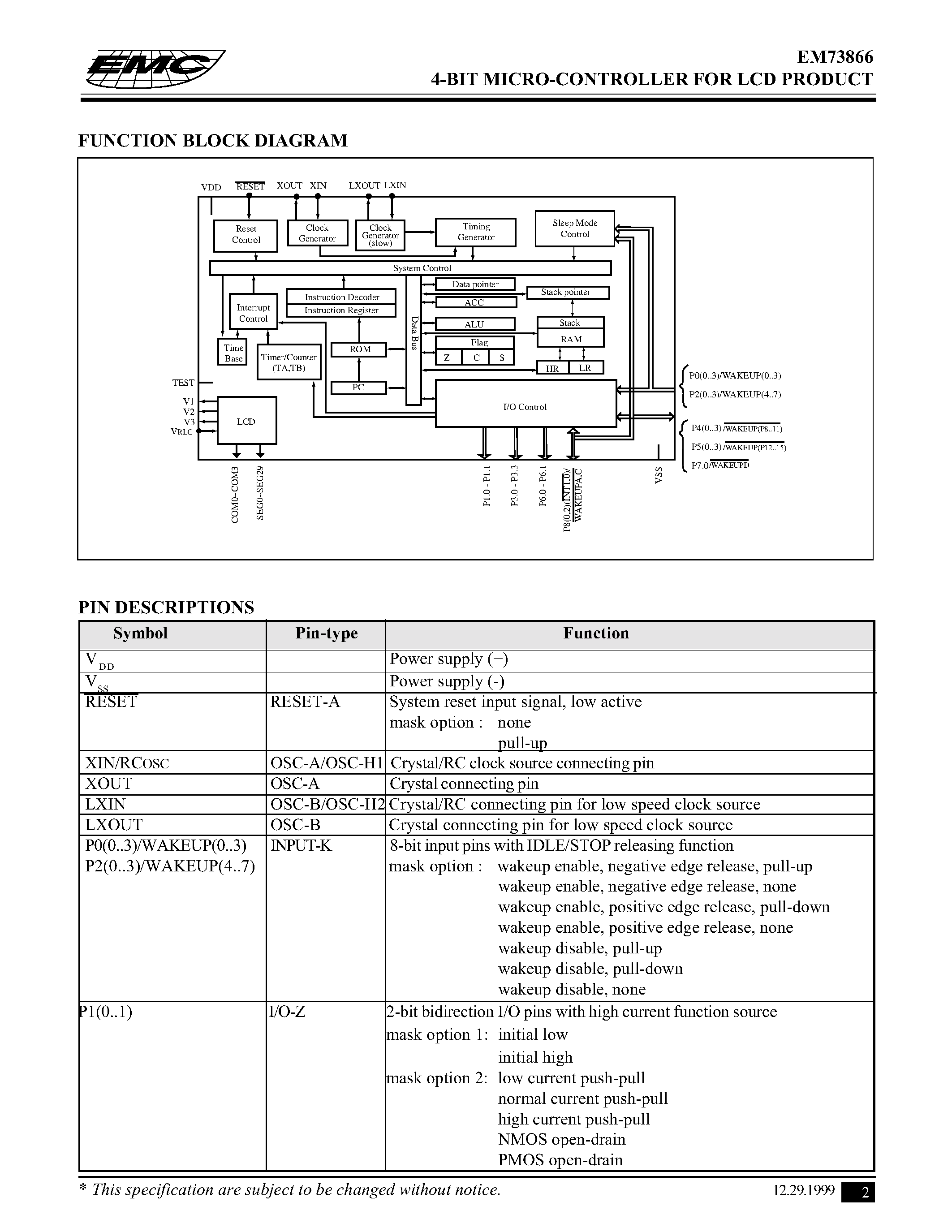 Даташит EM73866 - 4-BIT MICRO-CONTROLLER FOR LCD PRODUCT страница 2