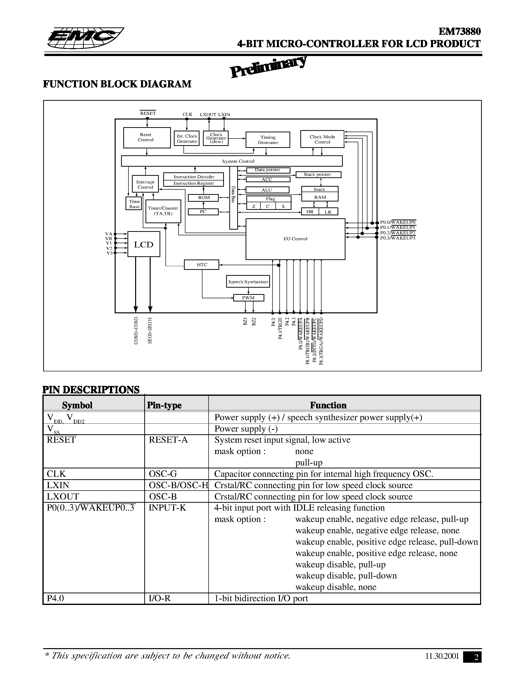 Даташит EM73880 - 4-BIT MICRO-CONTROLLER FOR LCD PRODUCT страница 2