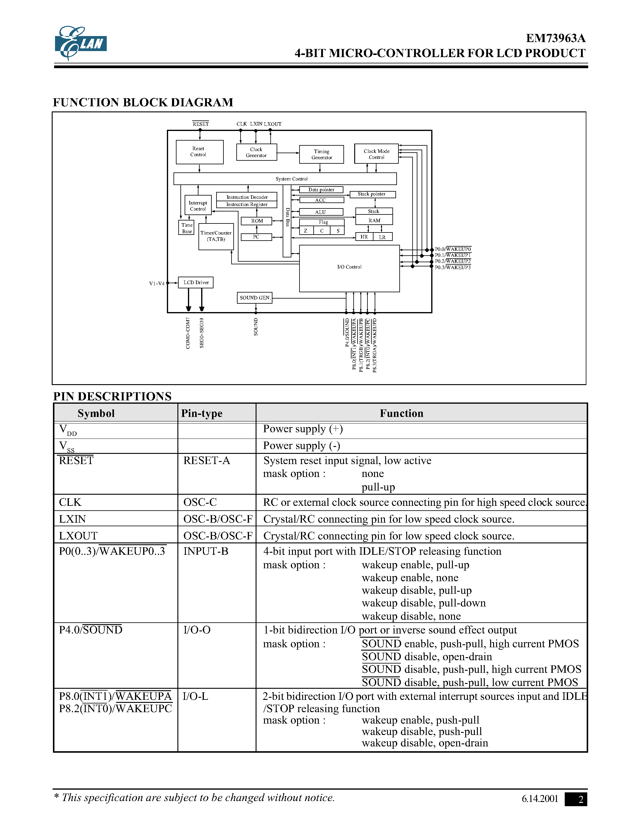 Даташит EM73963A - 4-BIT MICRO-CONTROLLER FOR LCD PRODUCT страница 2