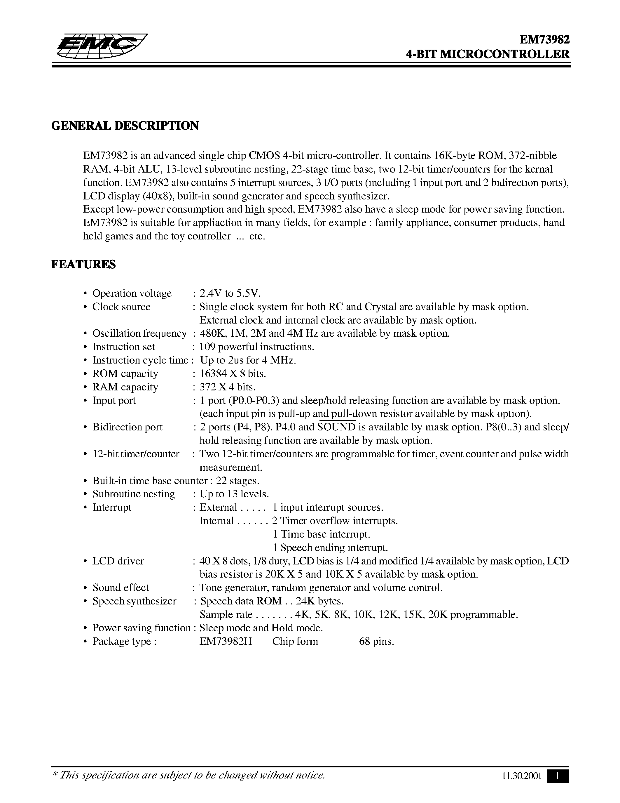 Даташит EM73982 - 4-BIT MICROCONTROLLER страница 1
