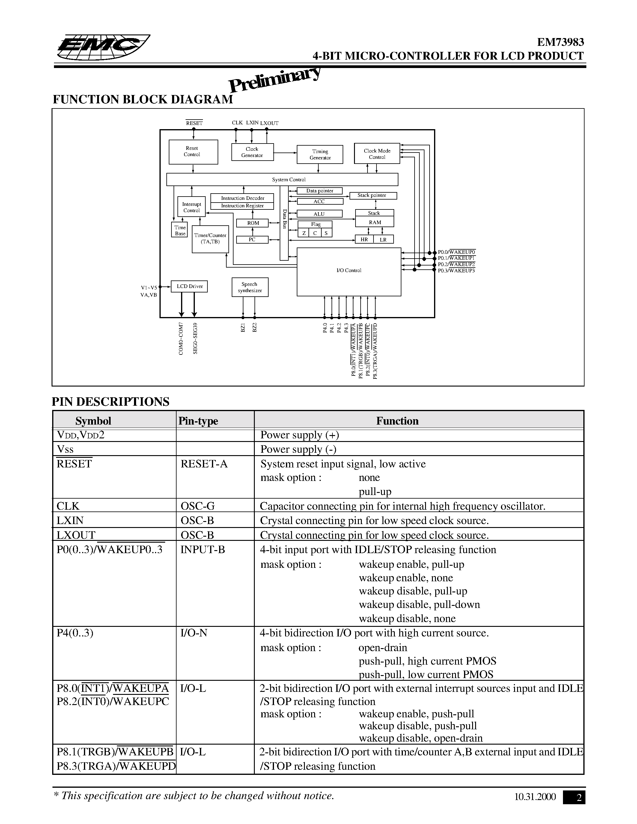 Даташит на микросхему EM73983 страница 2 Даташит EM73983 - 4-BIT MICRO-CONTROLLER FOR LCD PRODUCT страница 2