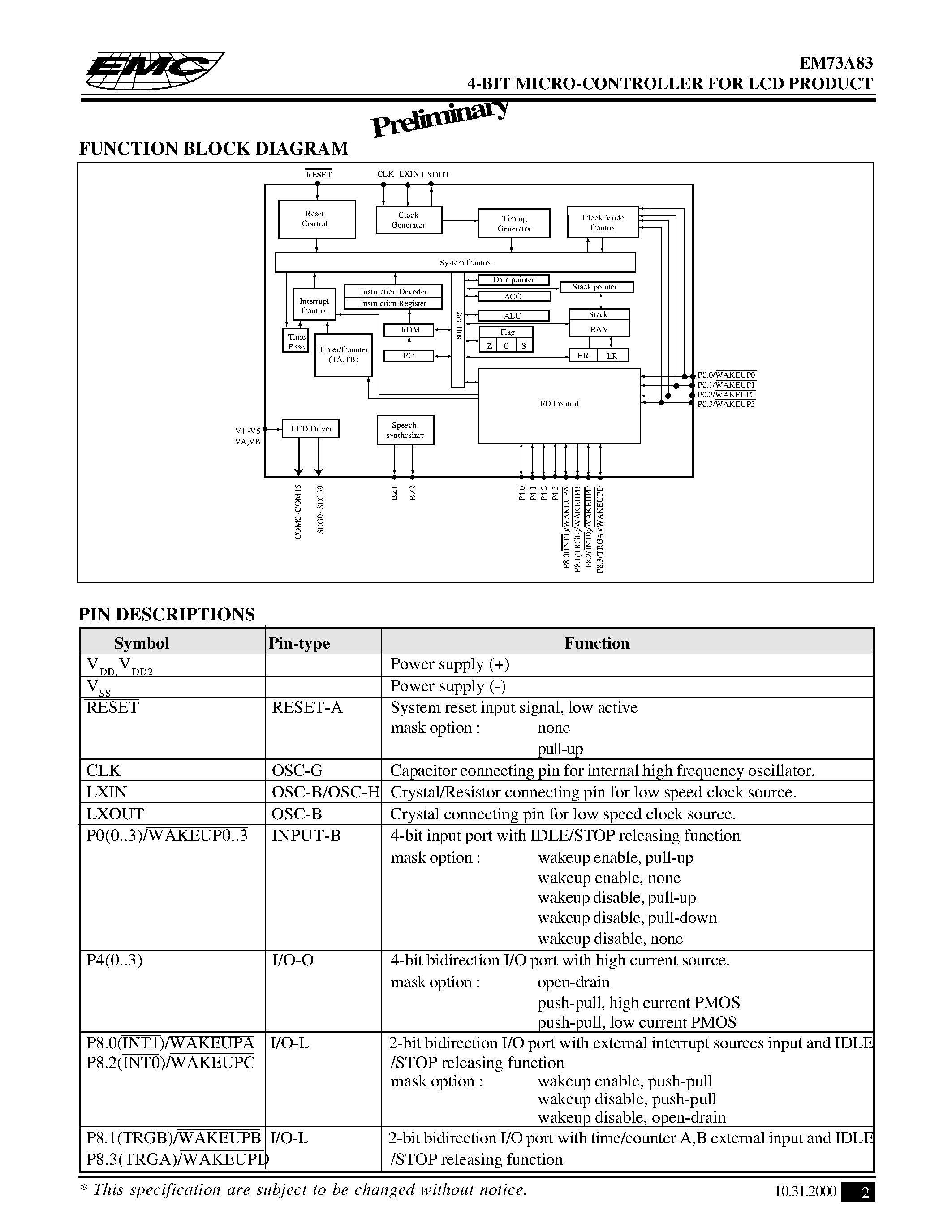 Даташит EM73A83 - 4-BIT MICRO-CONTROLLER FOR LCD PRODUCT страница 2