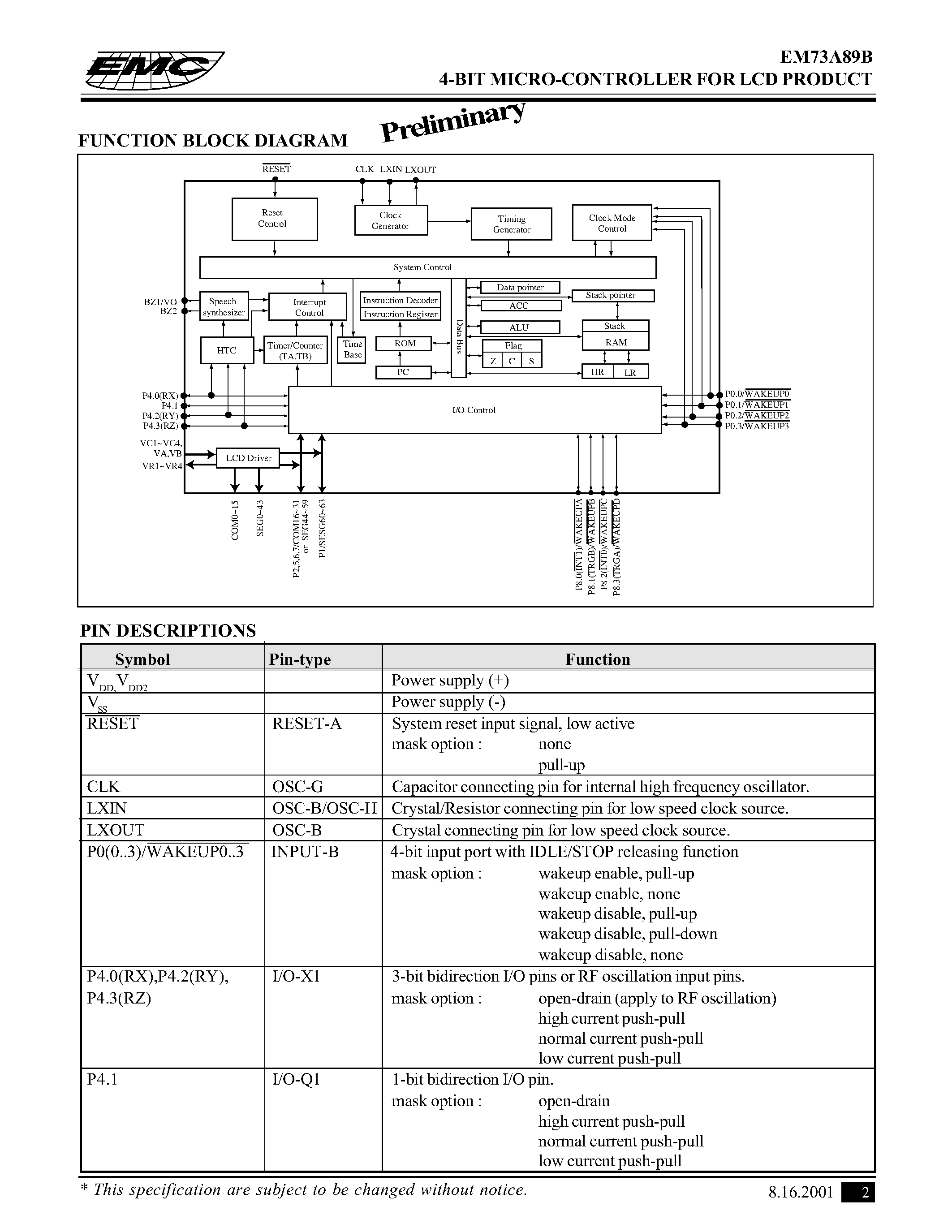 Даташит на микросхему EM73A89B страница 2 Даташит EM73A89B - 4-BIT MICRO-CONTROLLER FOR LCD PRODUCT страница 2