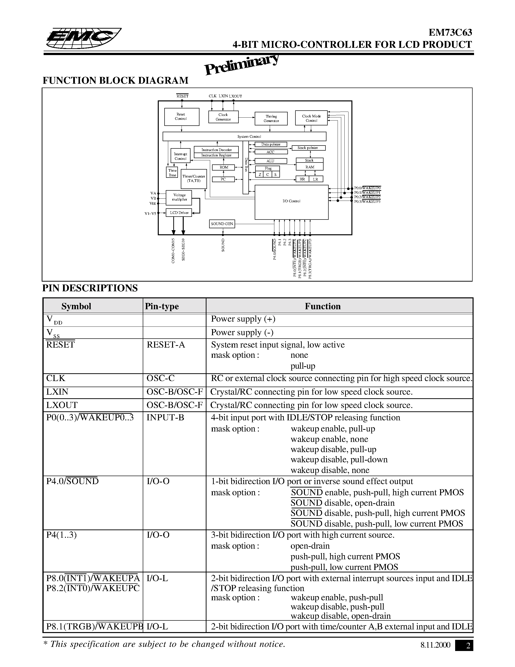 Даташит EM73C63 - 4-BIT MICRO-CONTROLLER FOR LCD PRODUCT страница 2