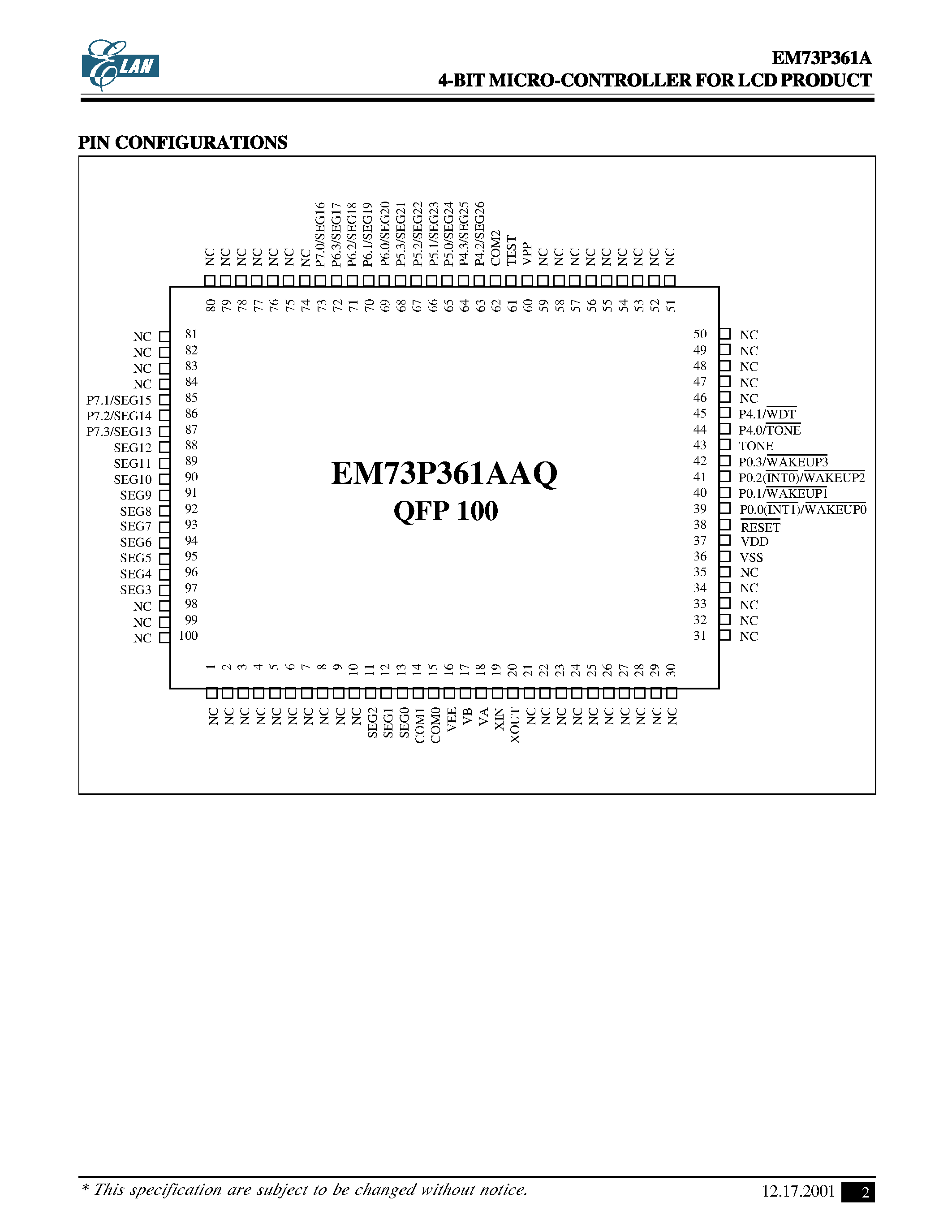 Даташит EM73P361AAQ - 4-BIT MICRO-CONTROLLER FOR LCD PRODUCT страница 2