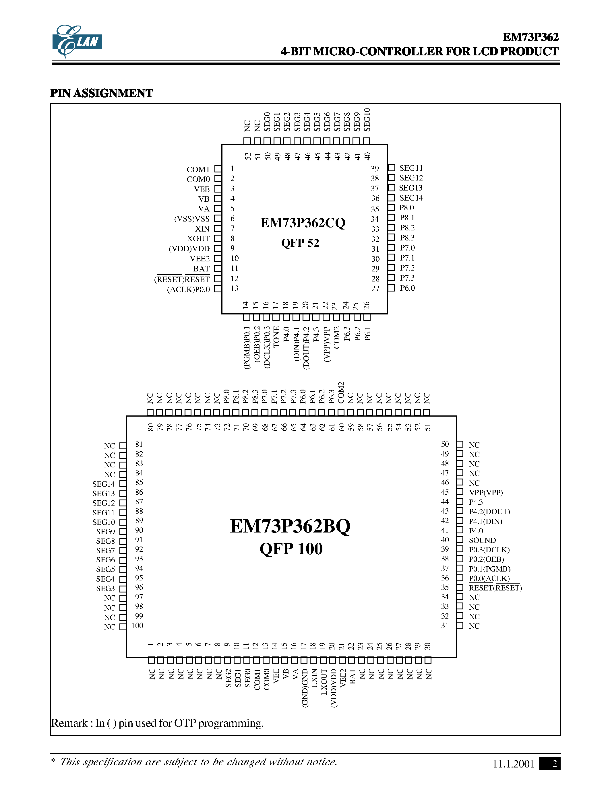 Даташит EM73P362CQ - 4-BIT MICRO-CONTROLLER FOR LCD PRODUCT страница 2
