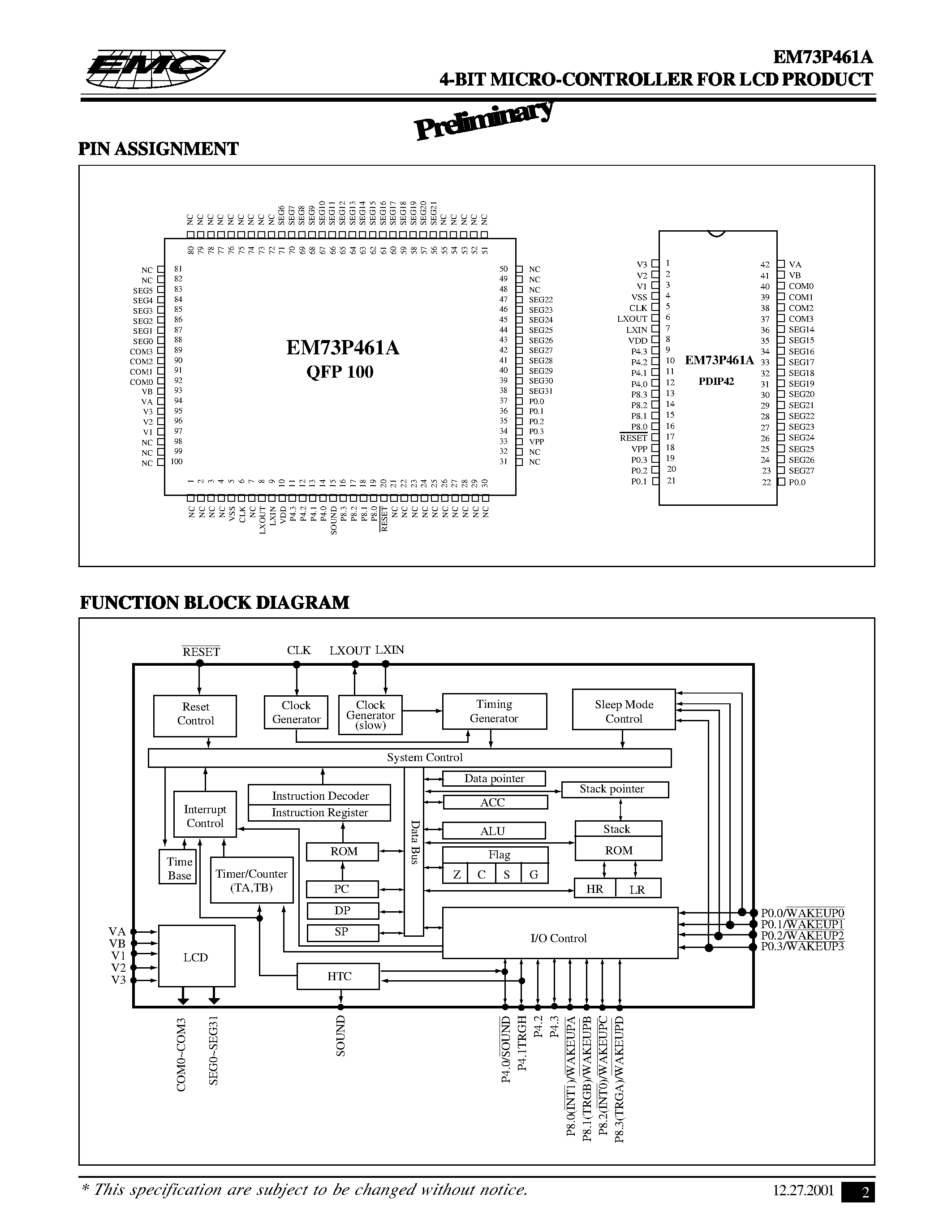 Даташит EM73P461A - 4-BIT MICRO-CONTROLLER FOR LCD PRODUCT страница 2