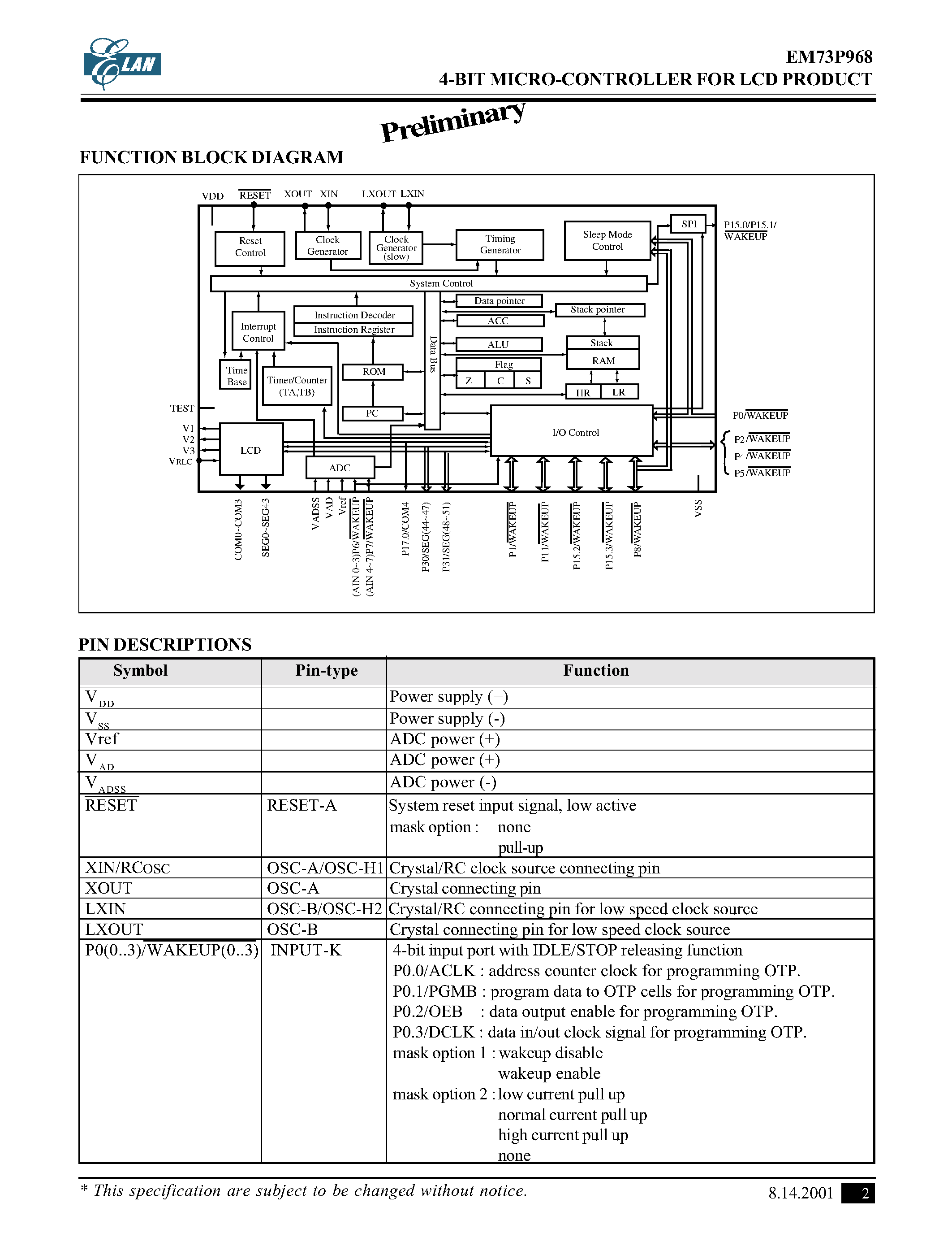 Даташит EM73P968 - 4-BIT MICRO-CONTROLLER FOR LCD PRODUCT страница 2