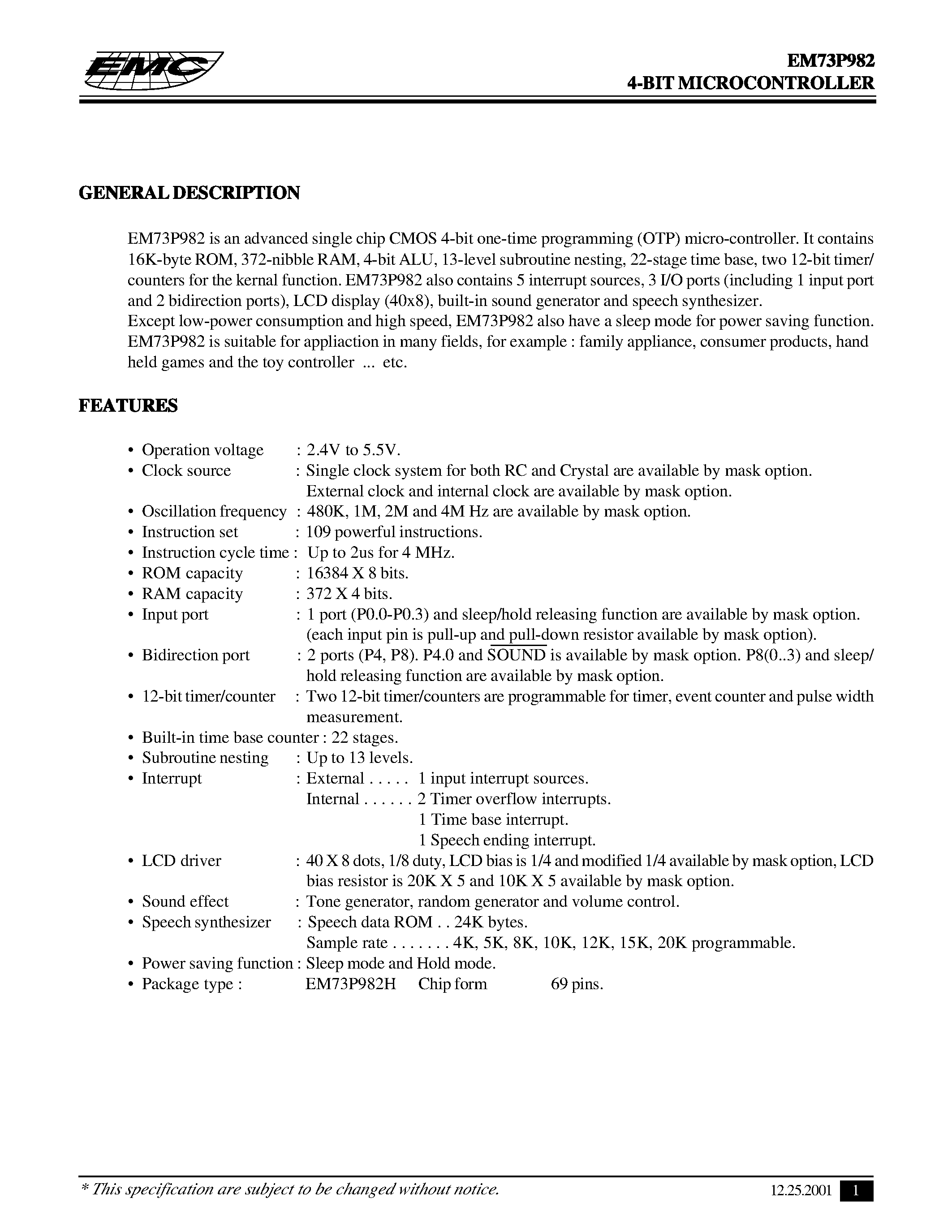 Даташит EM73P982 - 4-BIT MICROCONTROLLER страница 1