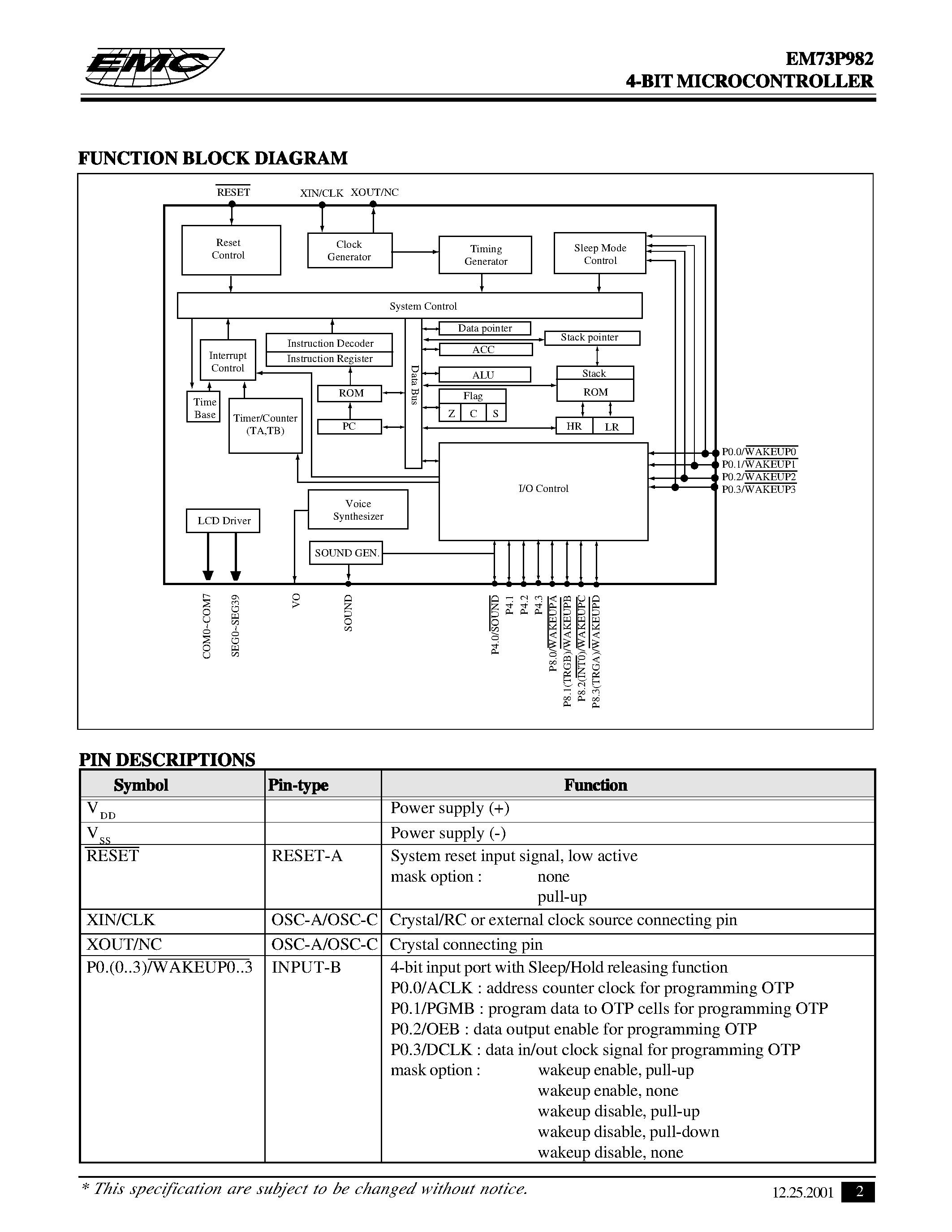 Даташит EM73P982 - 4-BIT MICROCONTROLLER страница 2