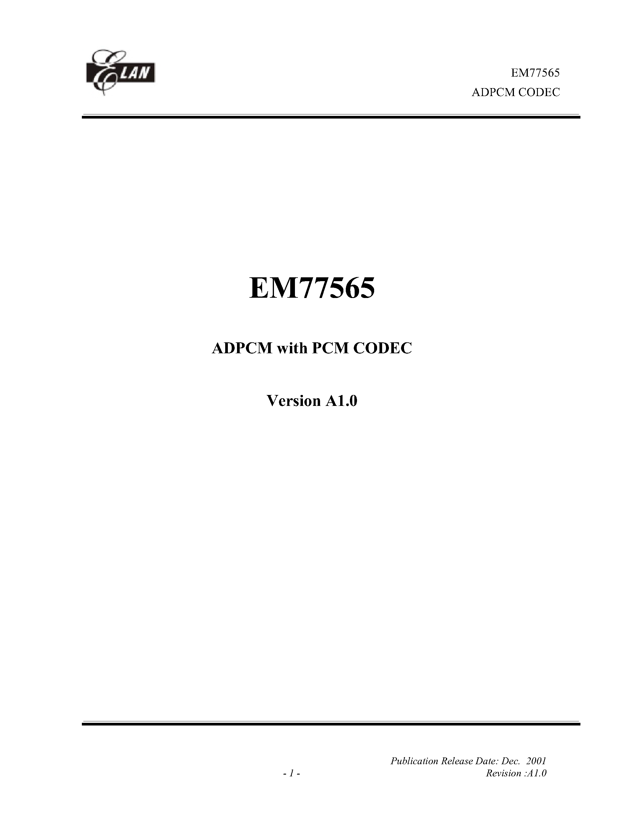 Datasheet EM77565 page 1 Datasheet EM77565 - ADPCM WITH PCM CODEC page 1
