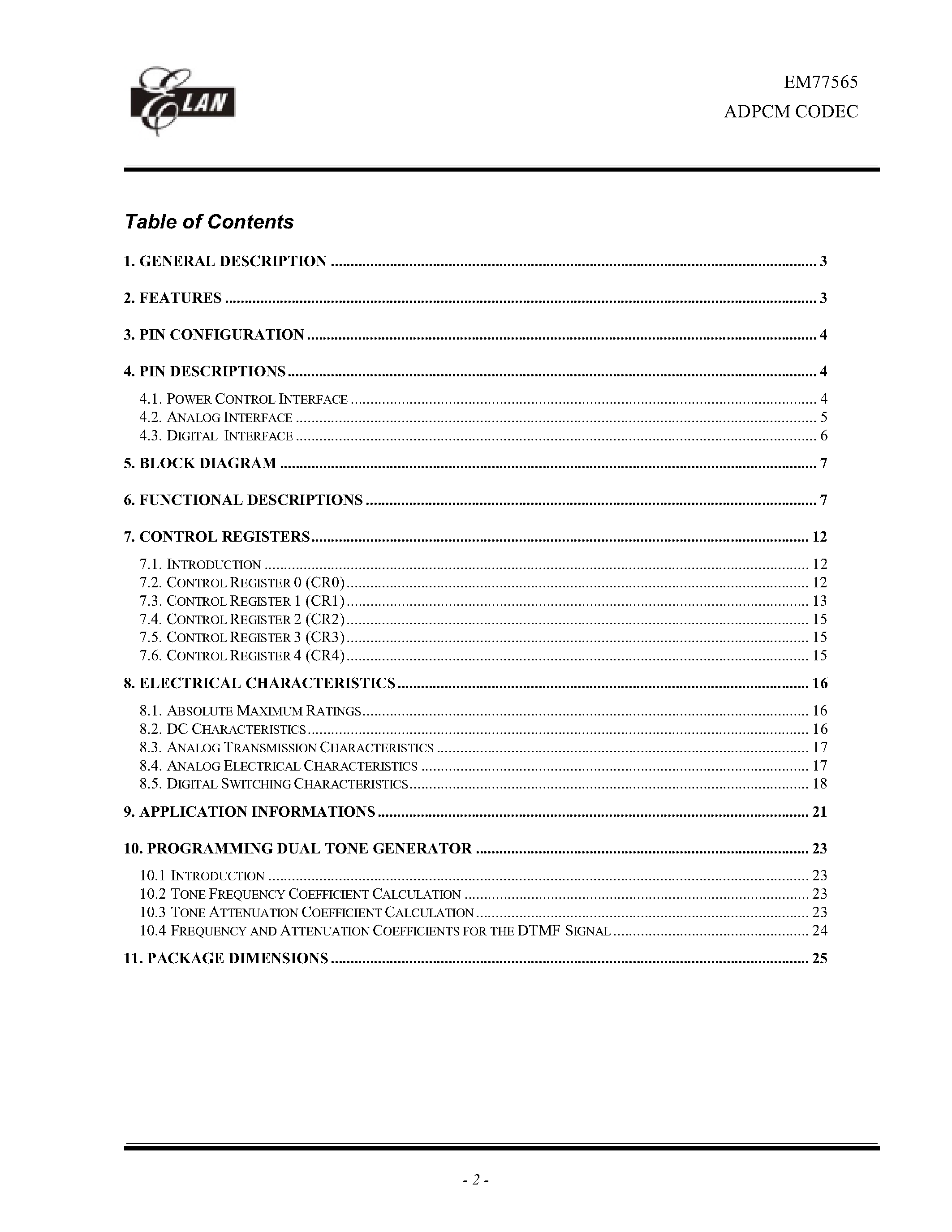 Datasheet EM77565 page 2 Datasheet EM77565 - ADPCM WITH PCM CODEC page 2