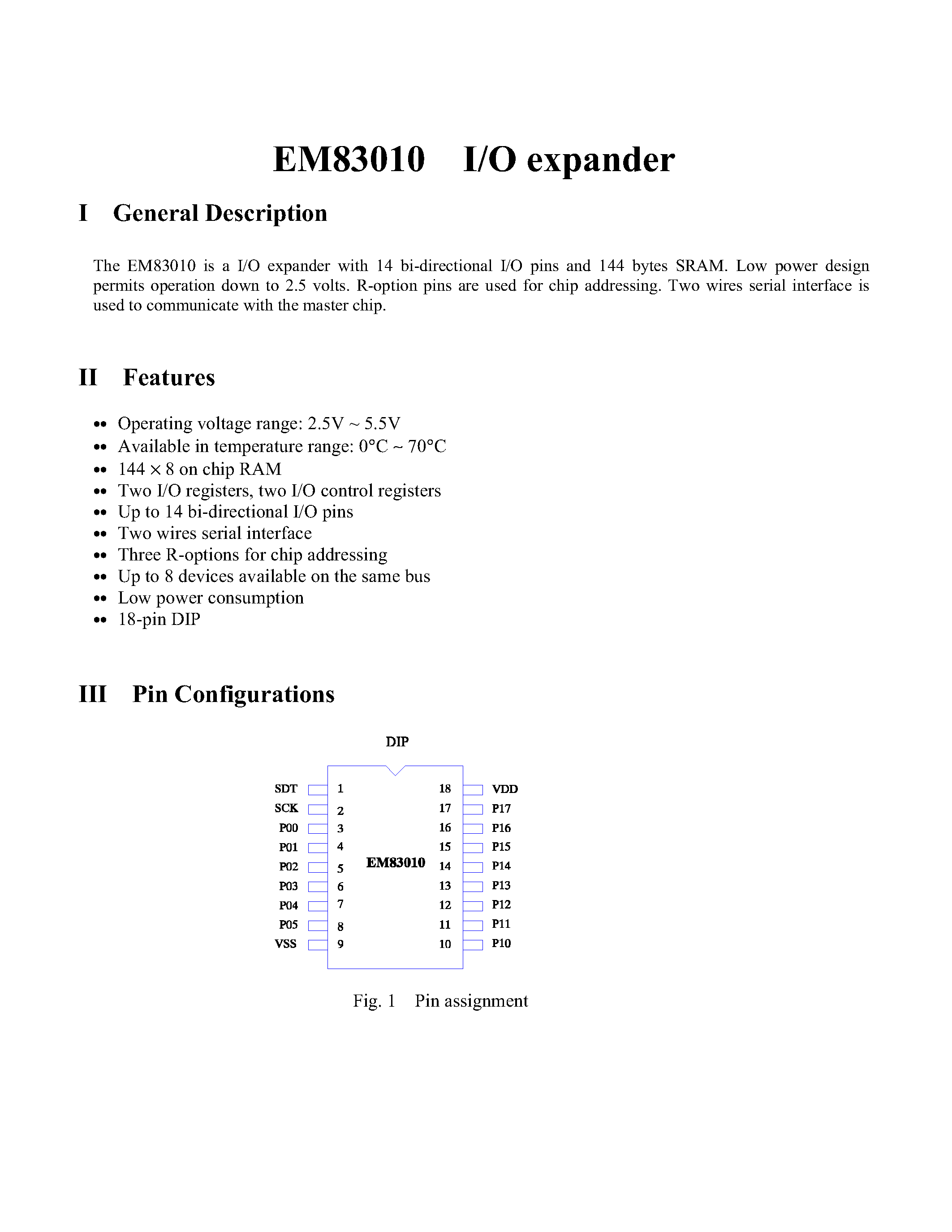 Datasheet EM83010 - I/O EXPANDER page 1