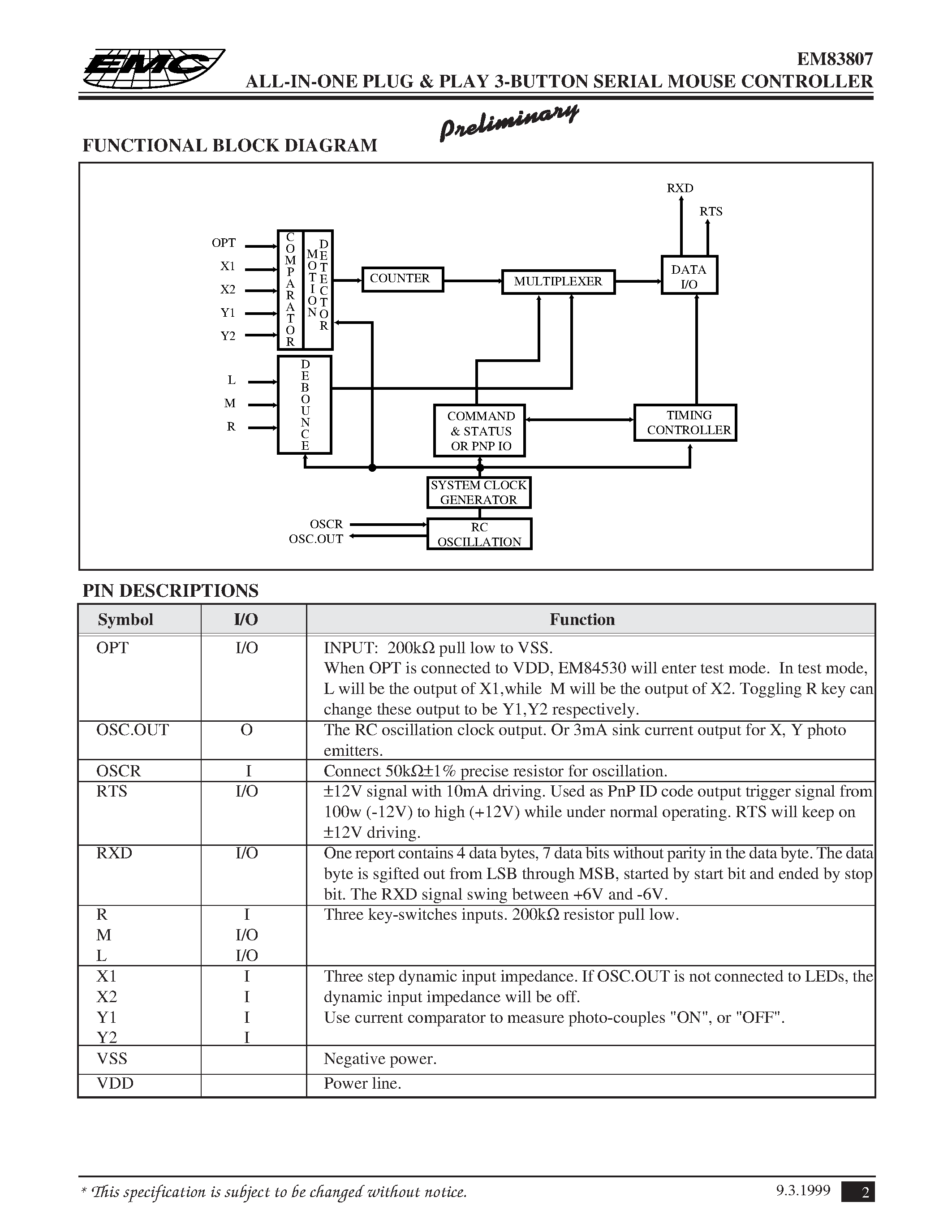 Datasheet EM83807 page 2 Datasheet EM83807 - ALL-IN-ONE PLUG & PLAY 3-BUTTON SERIAL MOUSE CONTROLLER page 2