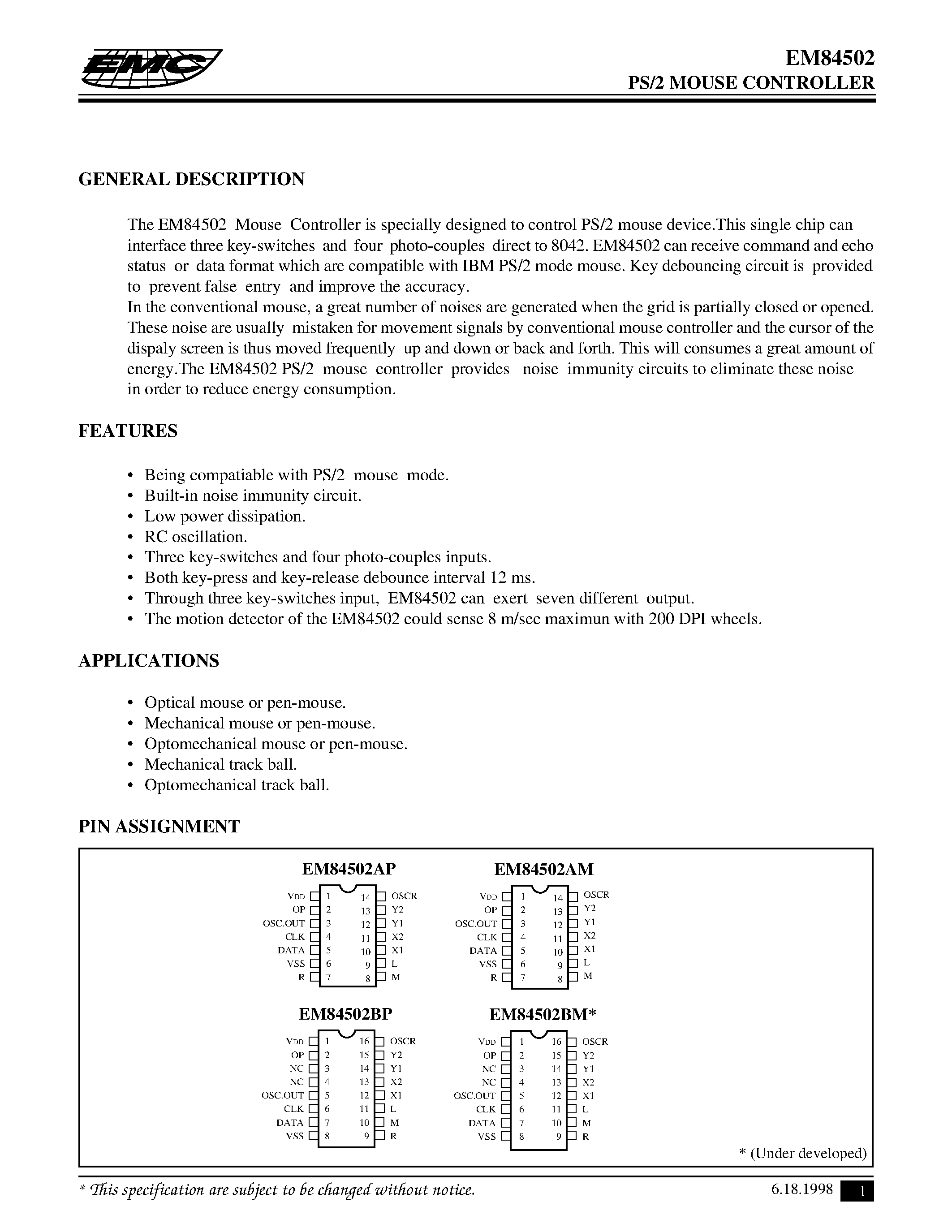 Даташит EM84502 - PS/2 MOUSE ENCODER страница 1