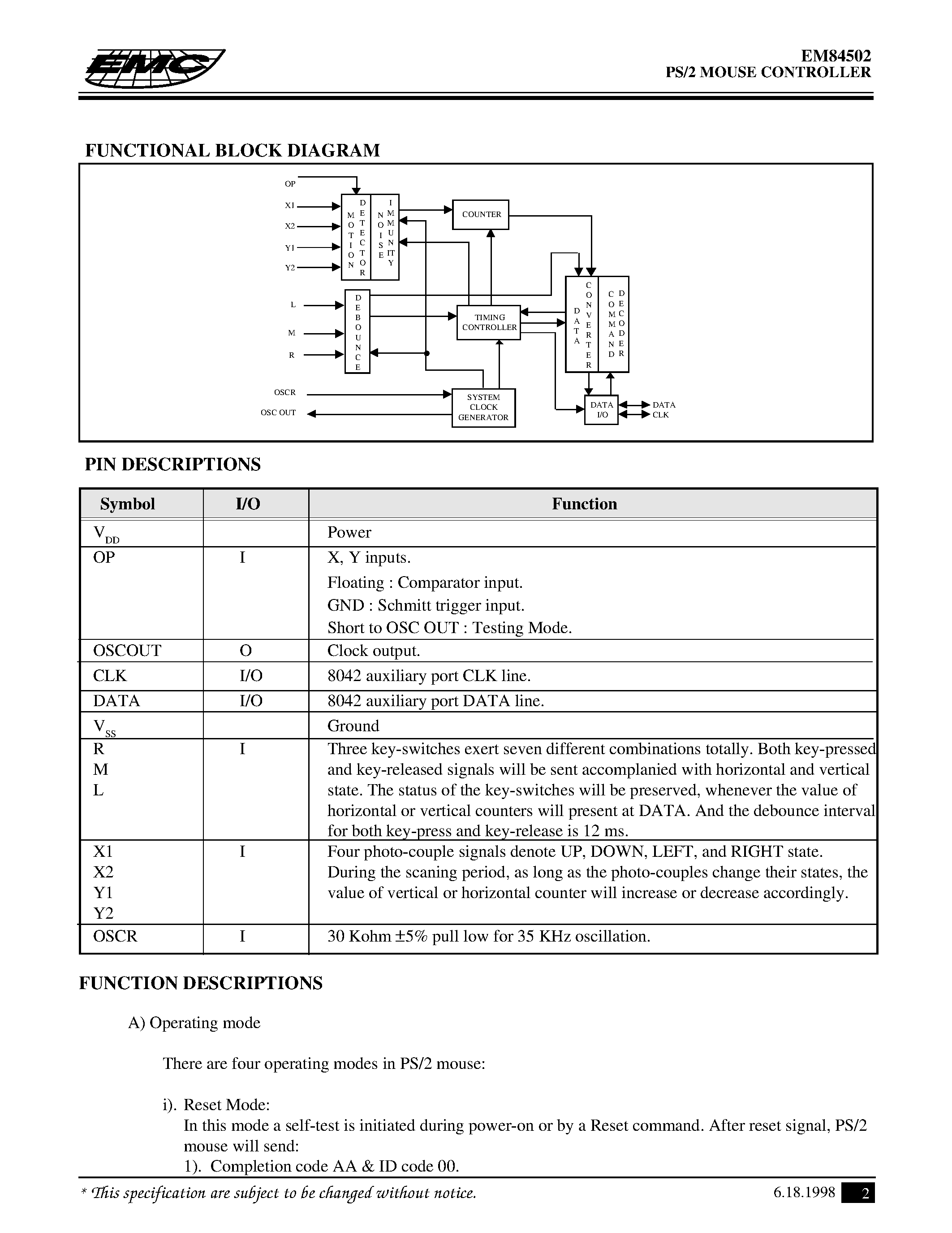 Даташит на микросхему EM84502AP страница 2 Даташит EM84502AP - PS/2 MOUSE ENCODER страница 2