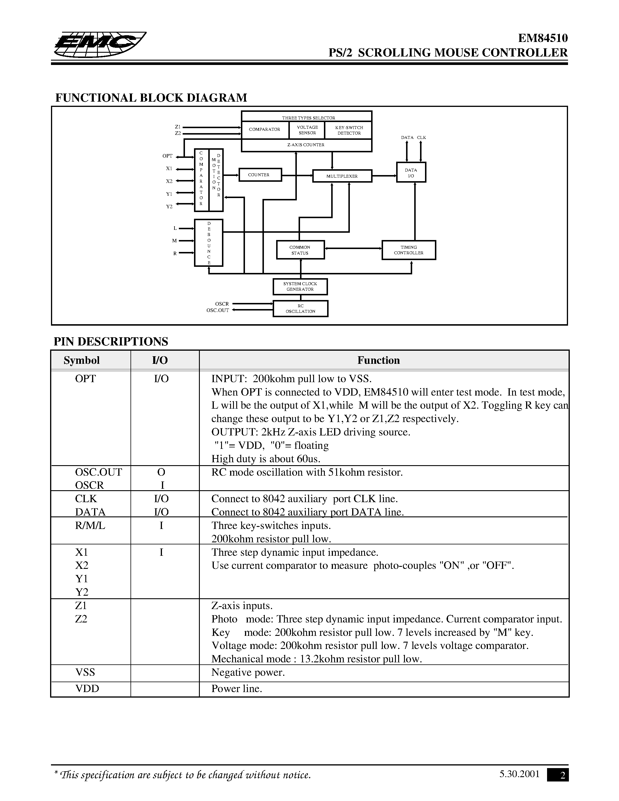 Даташит на микросхему EM84510AP страница 2 Даташит EM84510AP - PS/2 SCROLLING MOUSE CONTROLLER страница 2