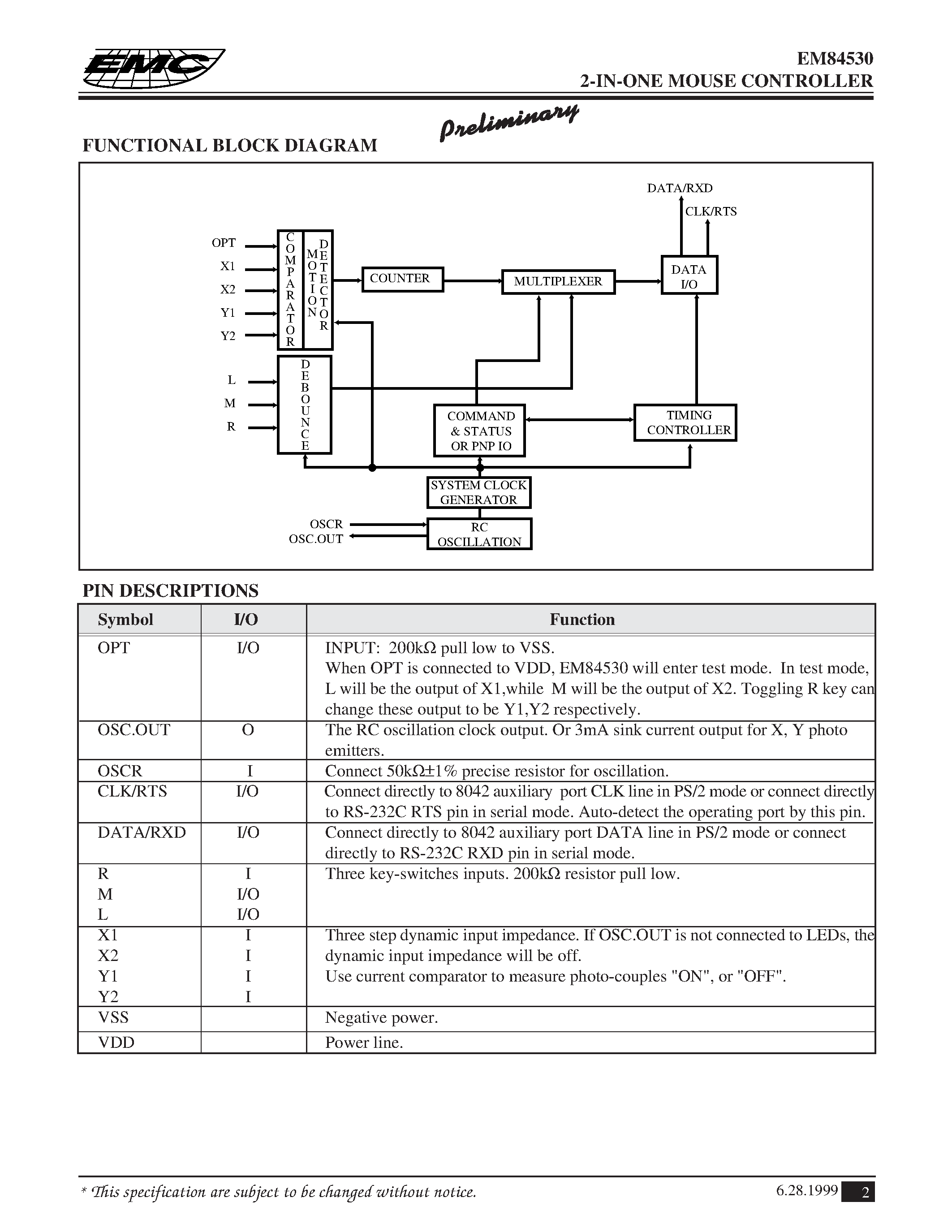 Даташит на микросхему EM84530 страница 2 Даташит EM84530 - 2-IN-ONE MOUSE CONTROLLER страница 2