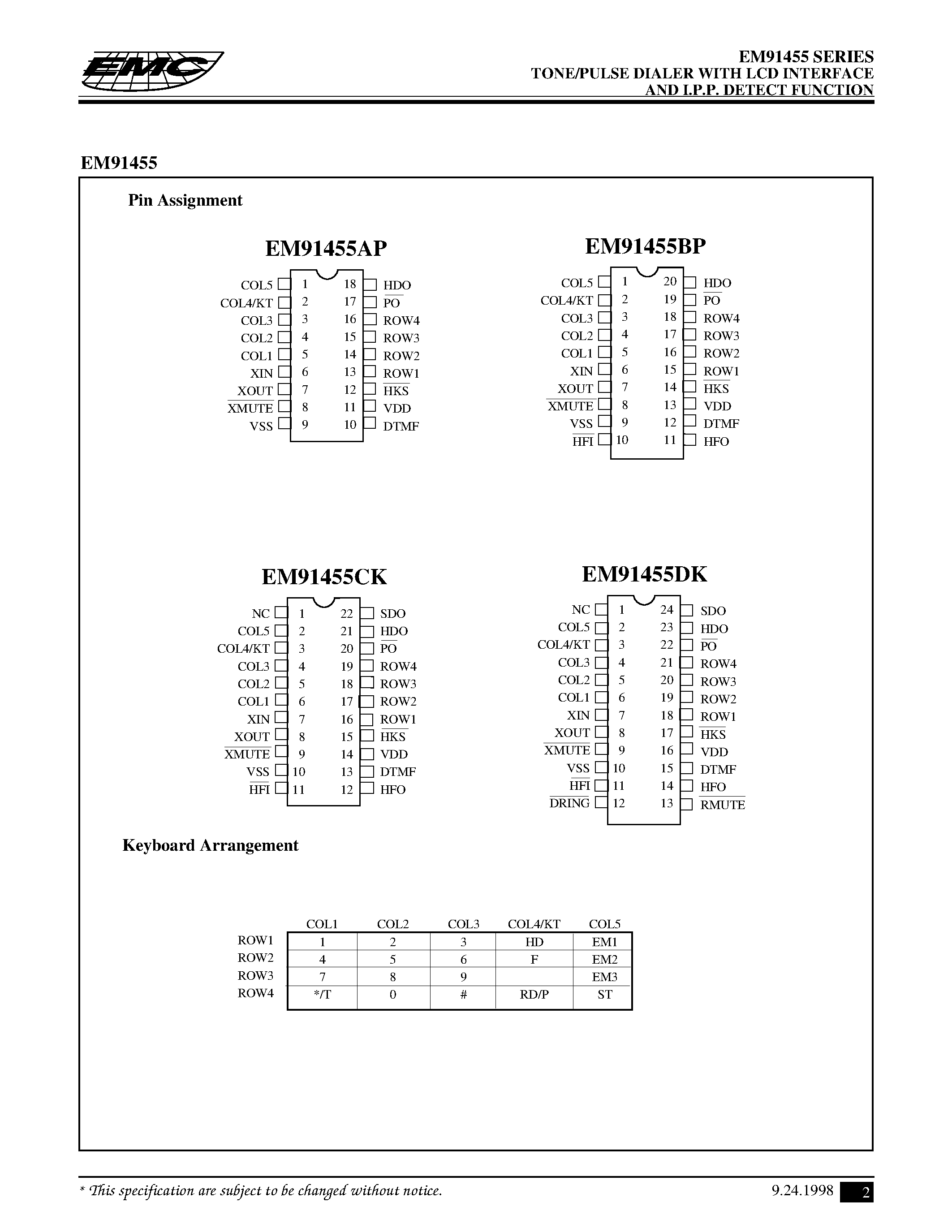Даташит EM91455C - TONE/PULSE DIALER WITH LCD INTERFACE AND I.P.P. DETECT FUNCTION страница 2