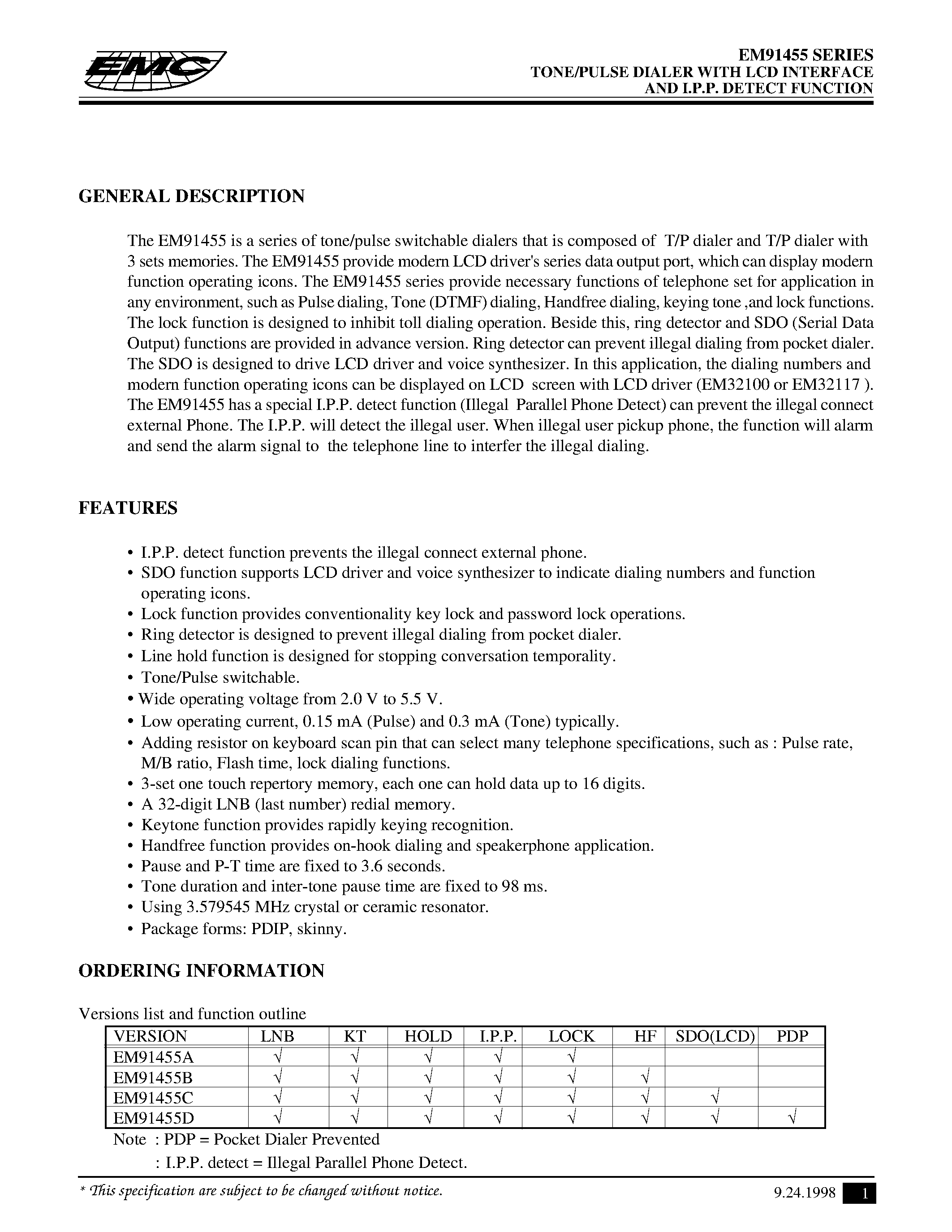 Даташит EM91455CK - TONE/PULSE DIALER WITH LCD INTERFACE AND I.P.P. DETECT FUNCTION страница 1
