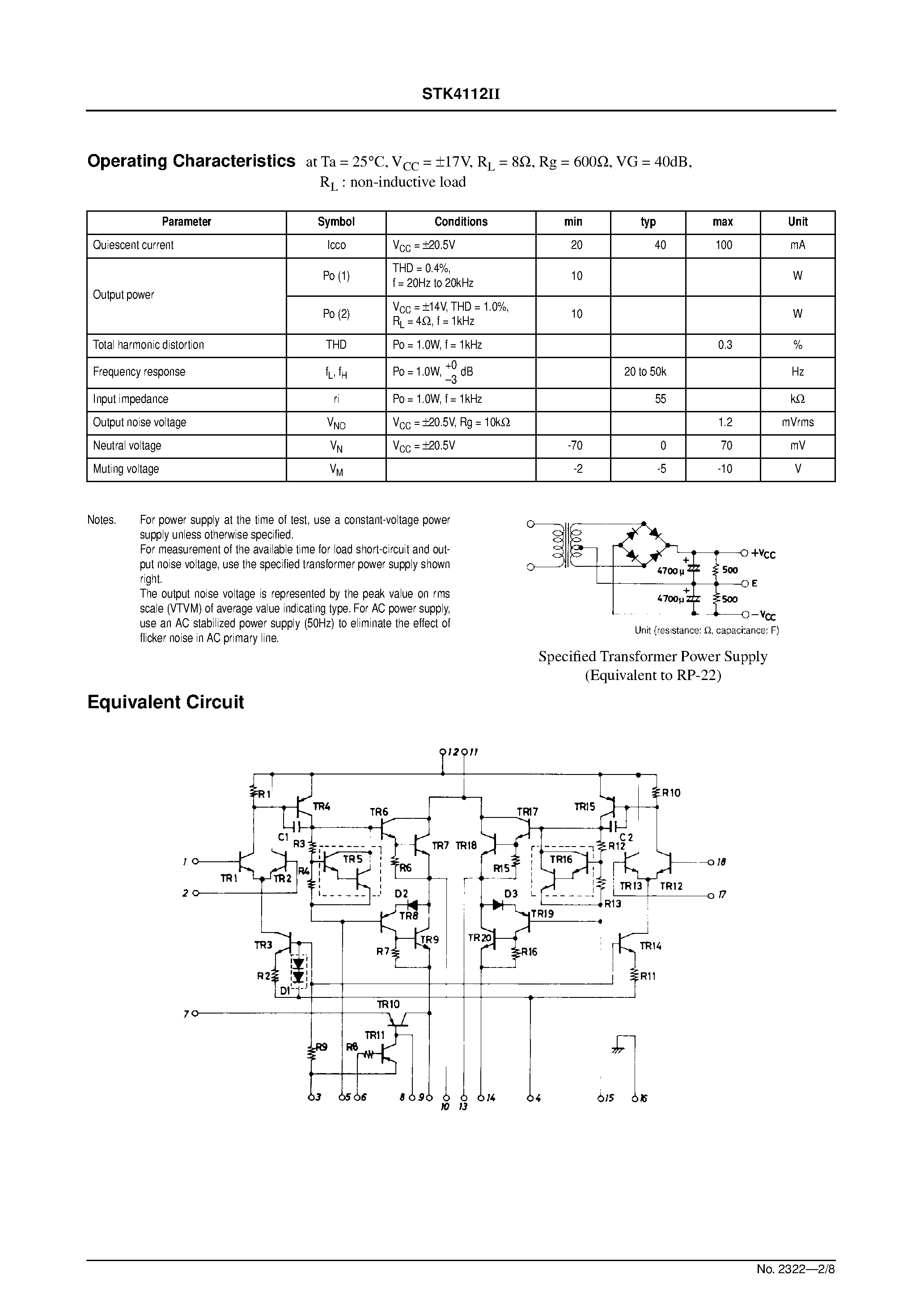 Datasheet STK4112 page 2 Datasheet STK4112 - AF Power Amplifier (Split Power Supply) (10W + 10W min/ THD = 0.4%) page 2