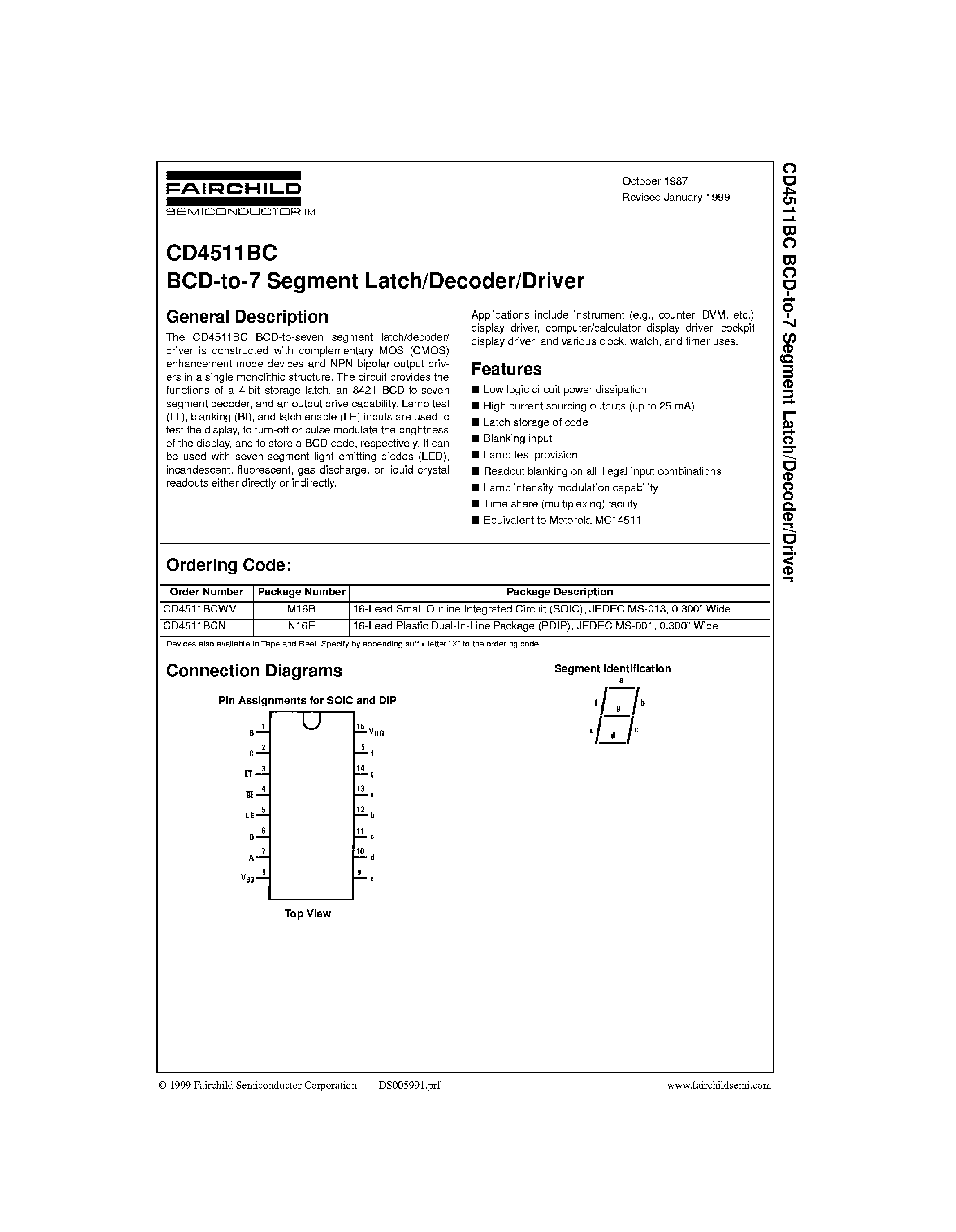 Datasheet 4511B page 1 Datasheet 4511B - BCD-to-7 Segment Latch/Decoder/Driver page 1