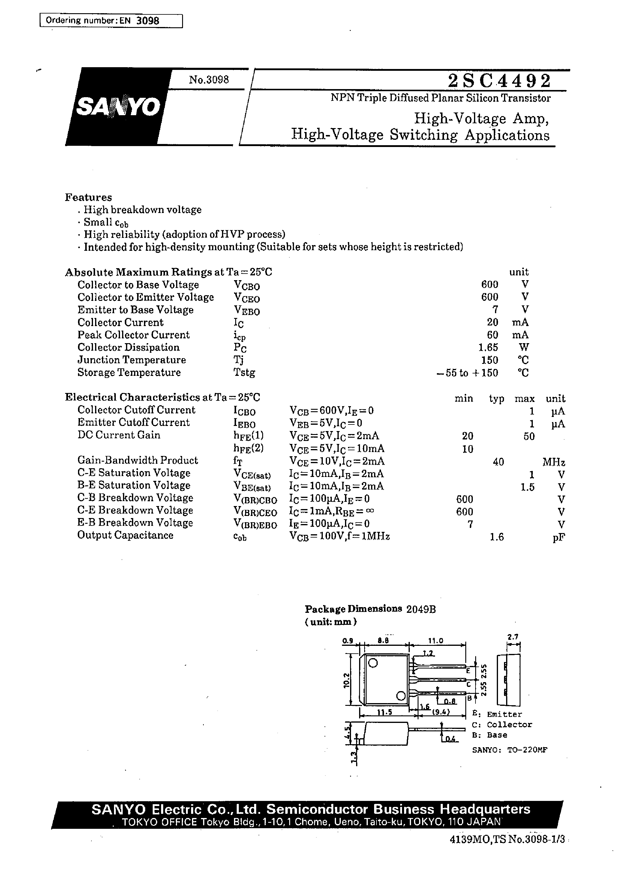 Datasheet 2SC4492 - High-Voltage Amp/ High-Voltage Switching Applications page 1