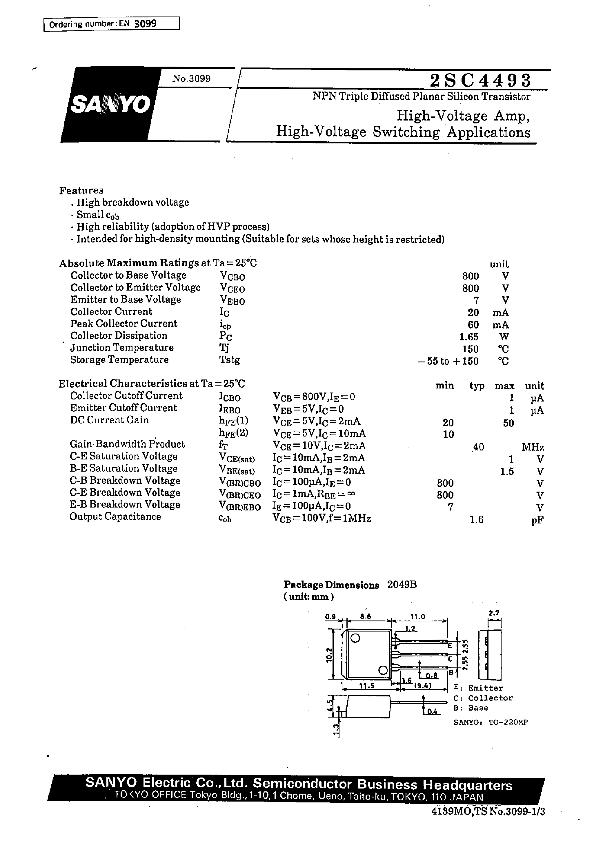 Datasheet 2SC4493 - High-Voltage Amp/ High-Voltage Switching Applications page 1