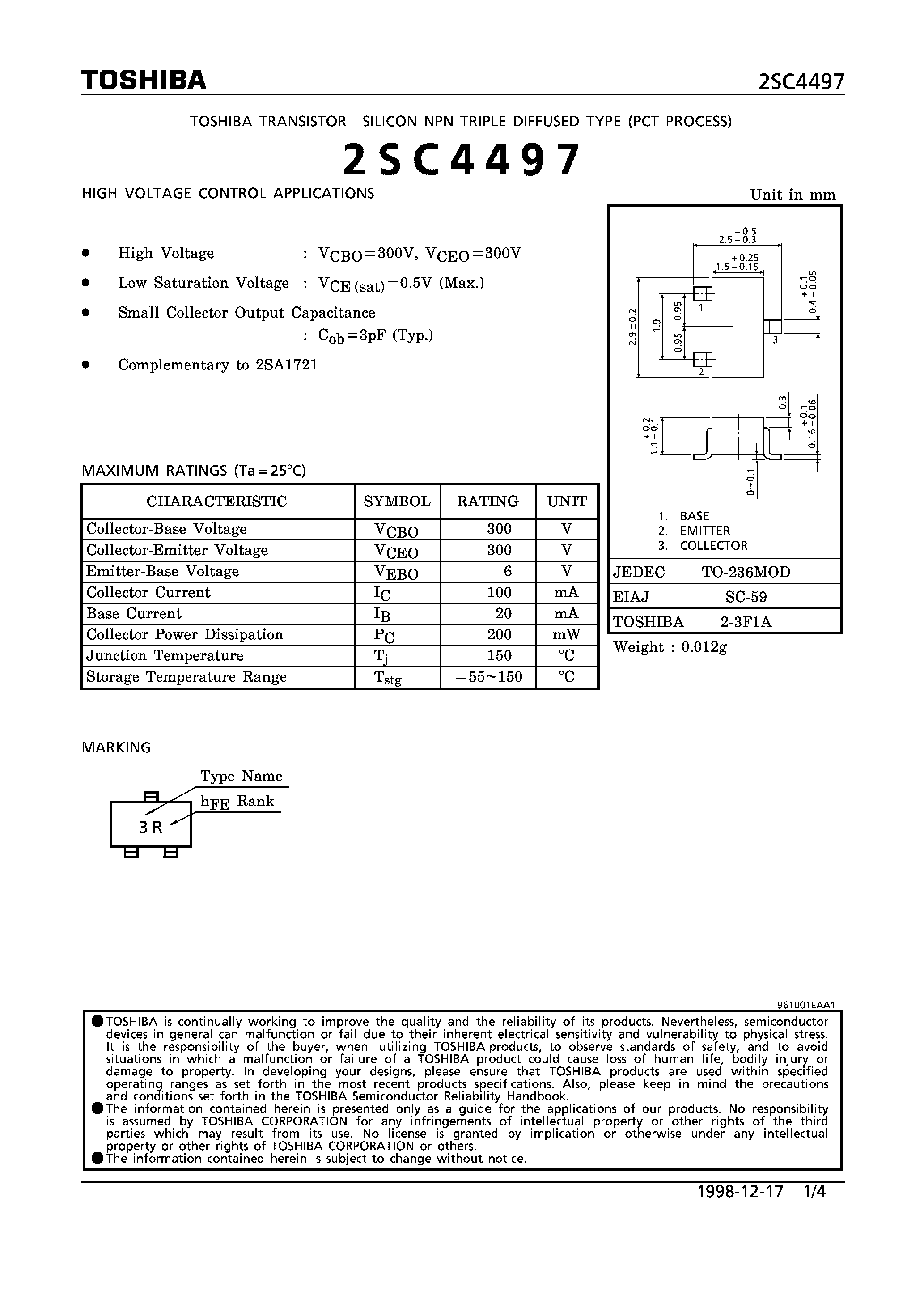 Datasheet 2SC4497 page 1 Datasheet 2SC4497 - NPN TRIPLE DIFFUSED TYPE (HIGH VOLTAGE CONTROL APPLICATIONS) page 1