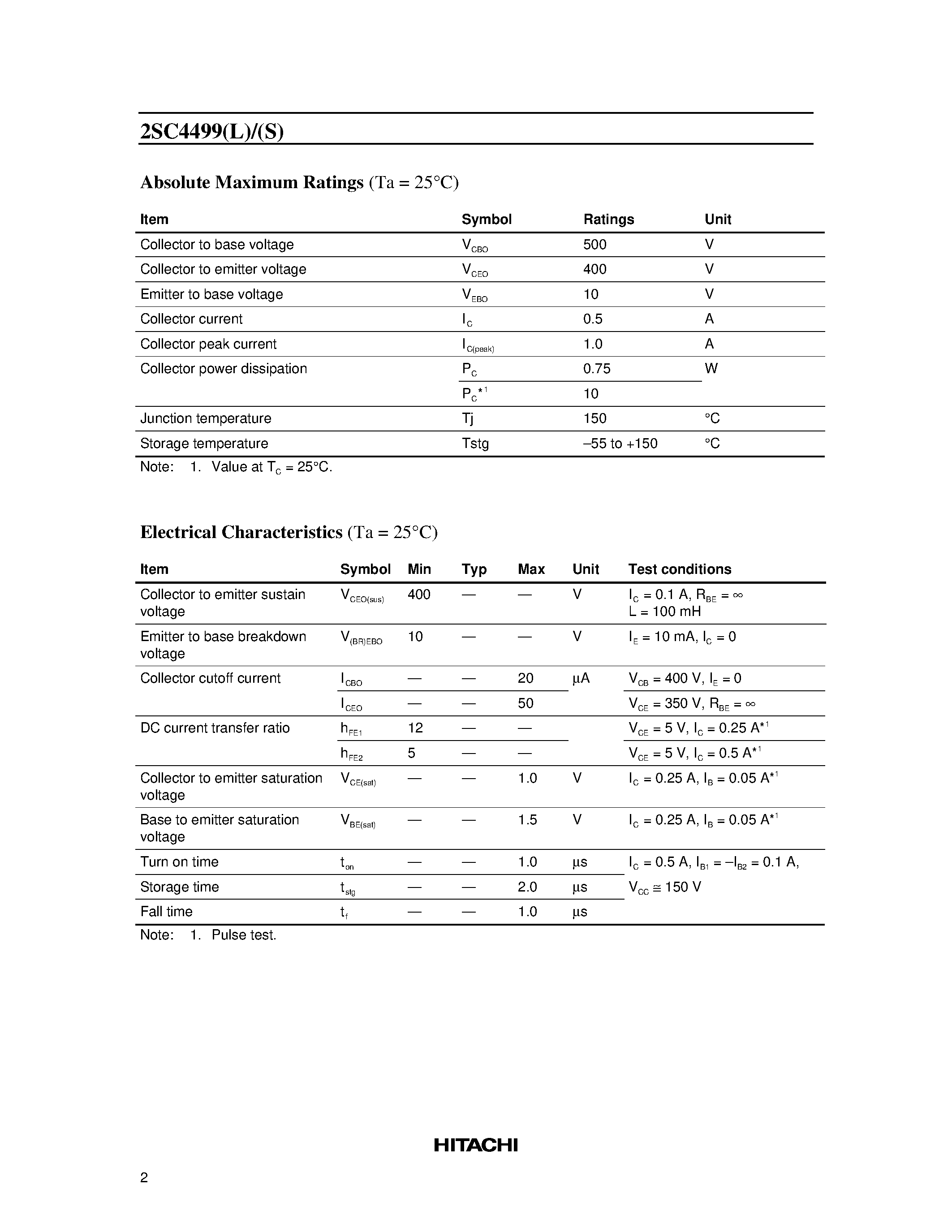 Datasheet 2SC4499S page 2 Datasheet 2SC4499S - Silicon NPN Triple Diffused page 2