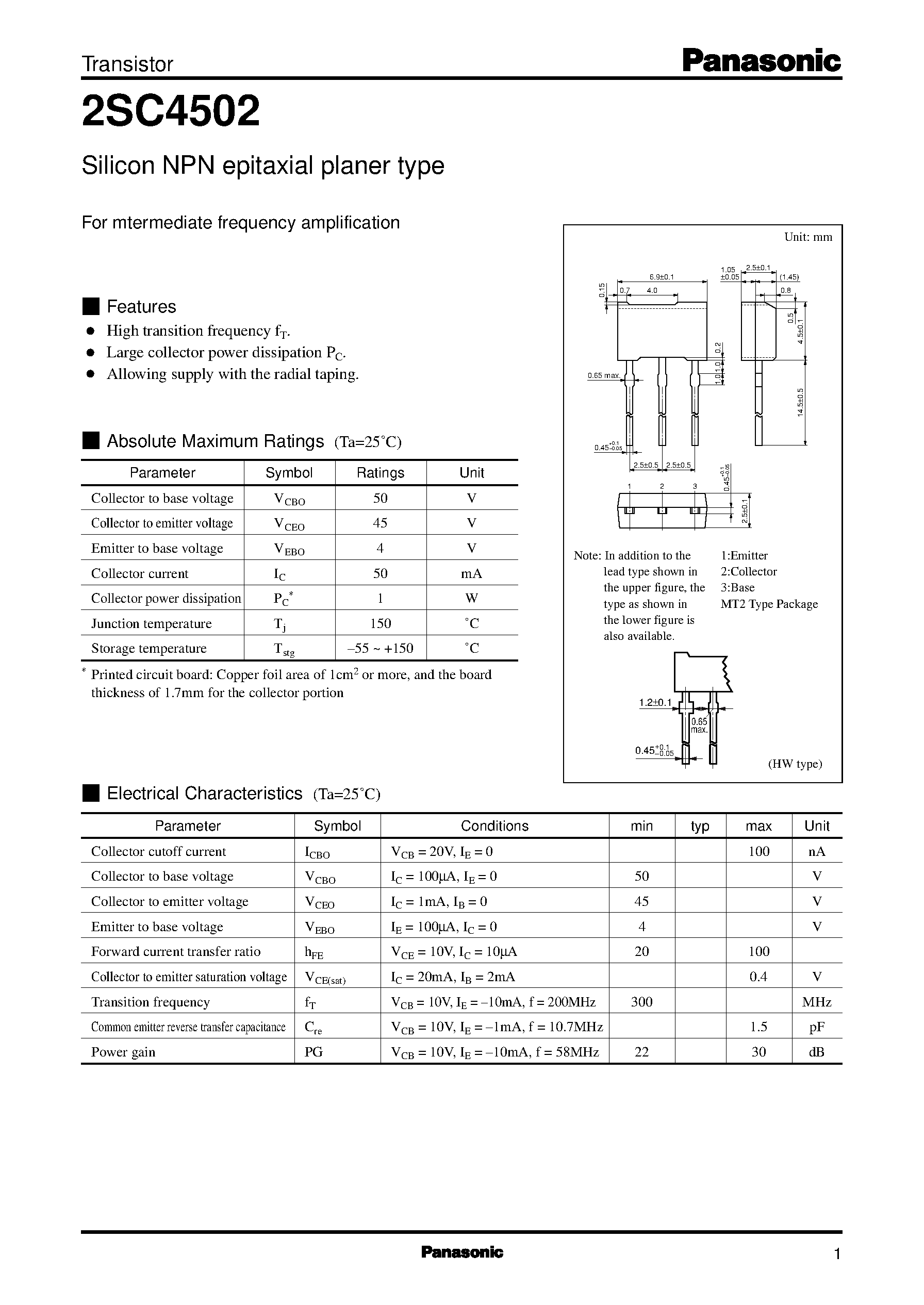 Datasheet 2SC4502 - Silicon NPN epitaxial planer type(For mtermediate frequency amplification) page 1