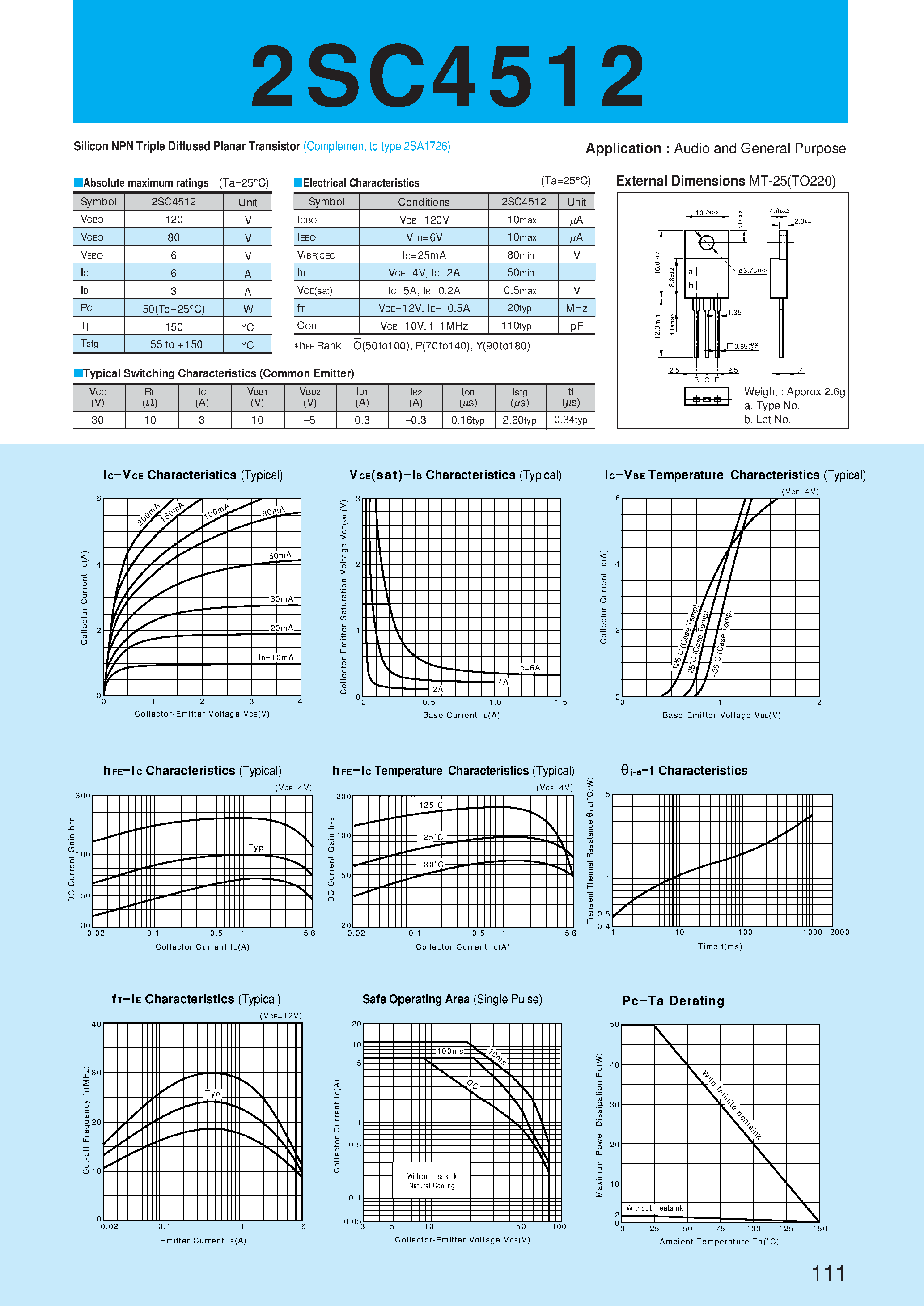 Datasheet 2SC4512 page 1 Datasheet 2SC4512 - Silicon NPN Triple Diffused Planar Transistor(Audio and General Purpose) page 1