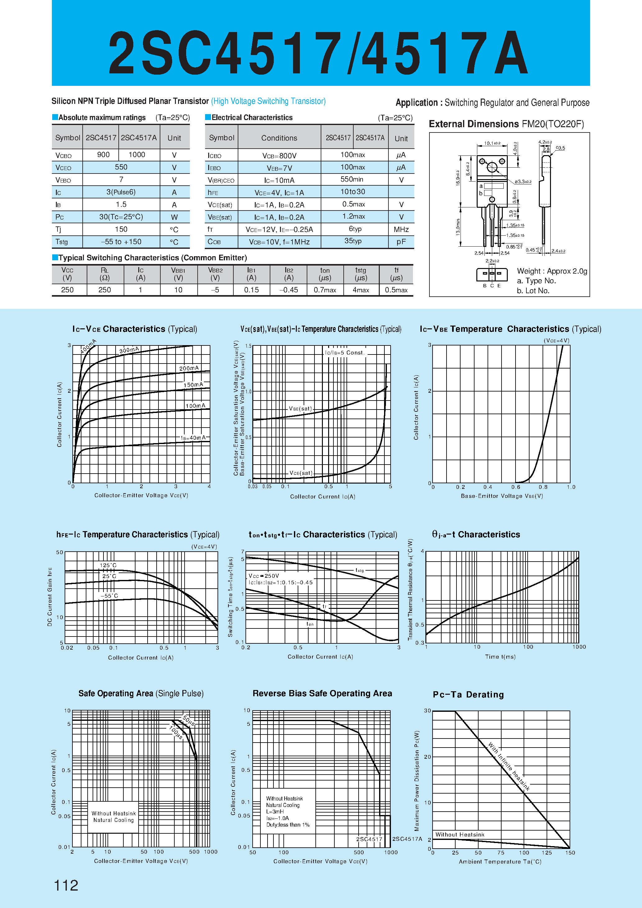 Datasheet 2SC4517A page 1 Datasheet 2SC4517A - Silicon NPN Triple Diffused Planar Transistor(Switching Regulator and General Purpose) page 1