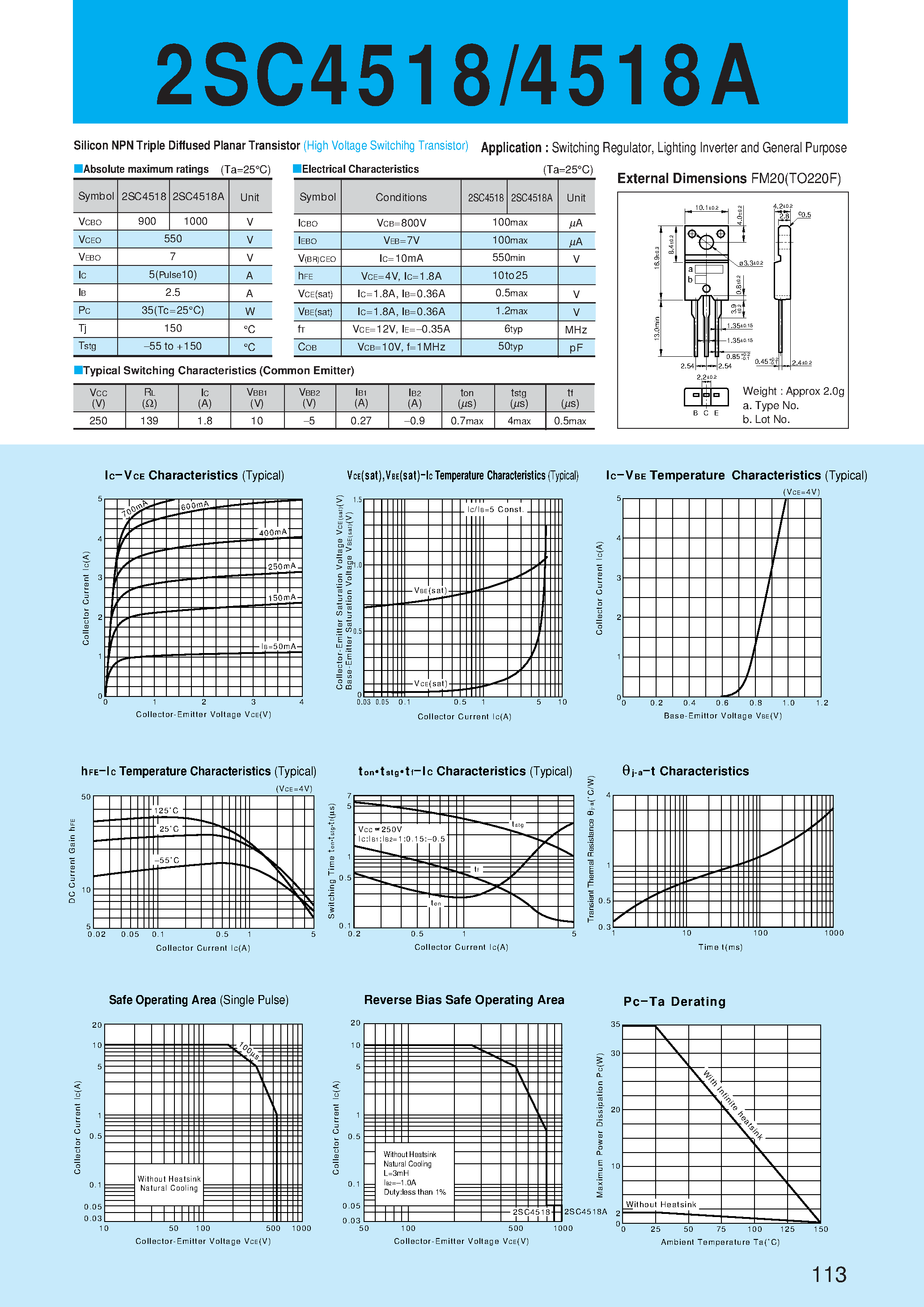 Datasheet 2SC4518A - Silicon NPN Triple Diffused Planar Transistor(Switching Regulator/ Lighting Inverter and General Purpose) page 1