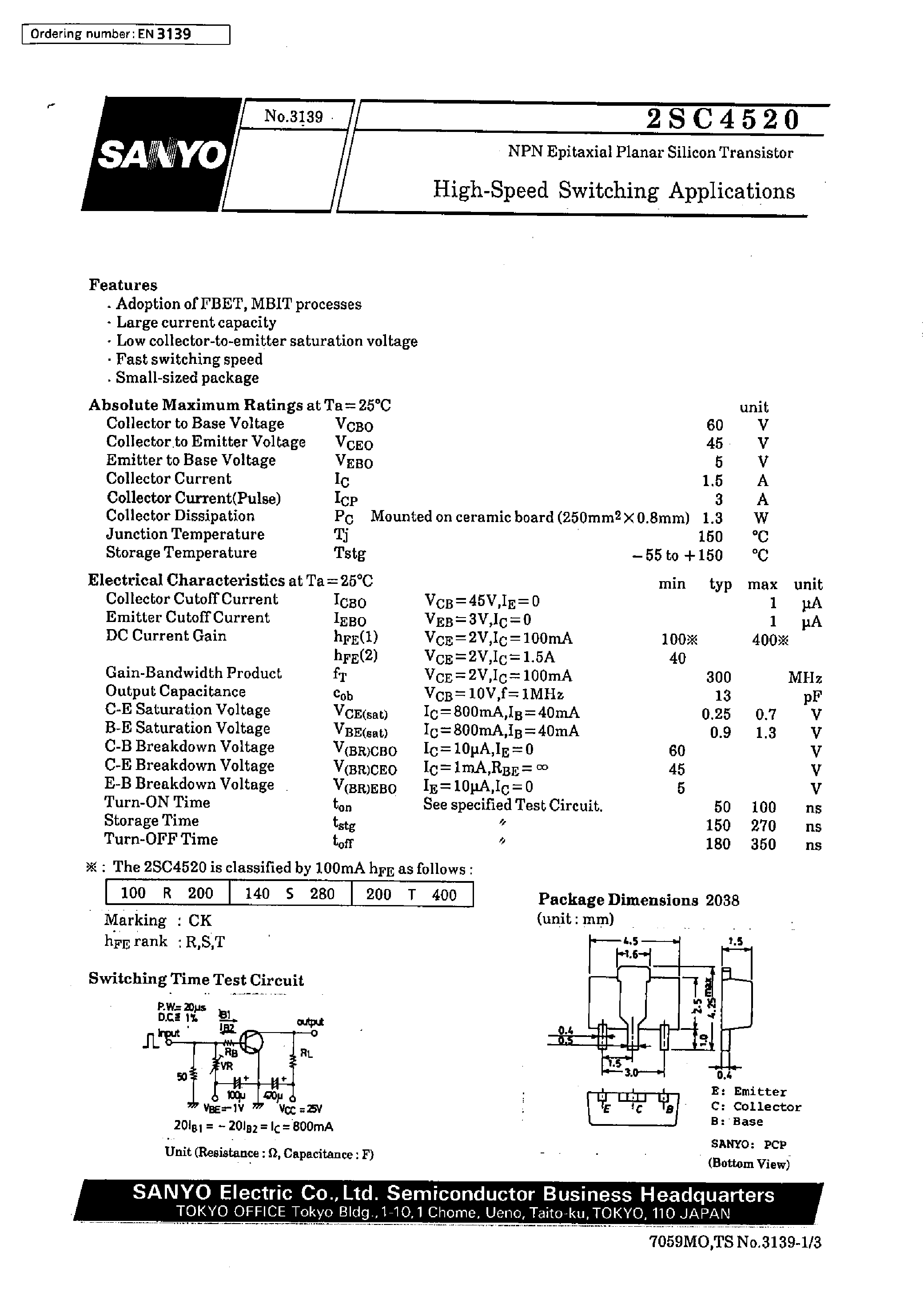 Datasheet 2SC4520 - High-Speed Switching Applications page 1