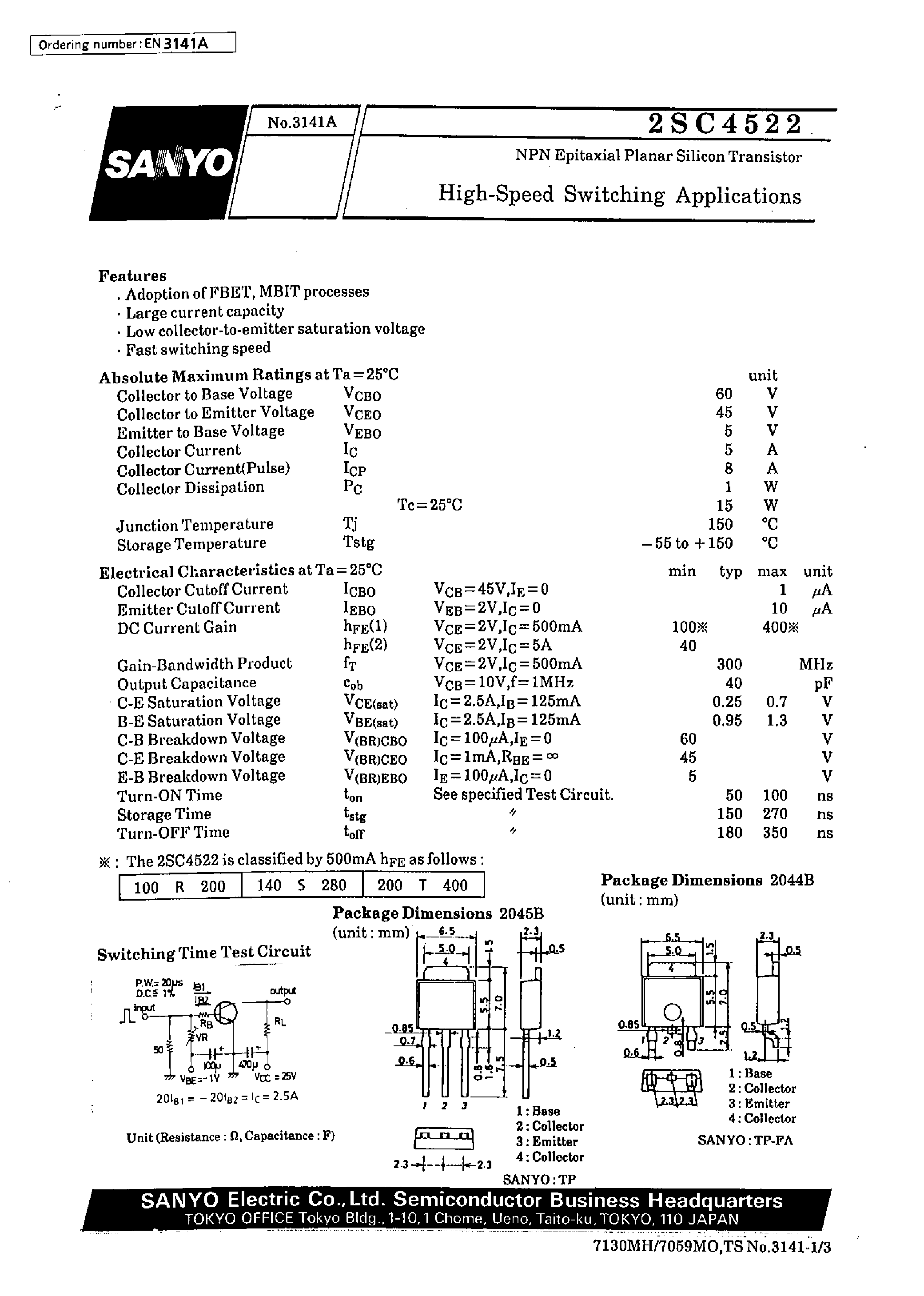 Datasheet 2SC4522 - High-Speed Switching Applications page 1
