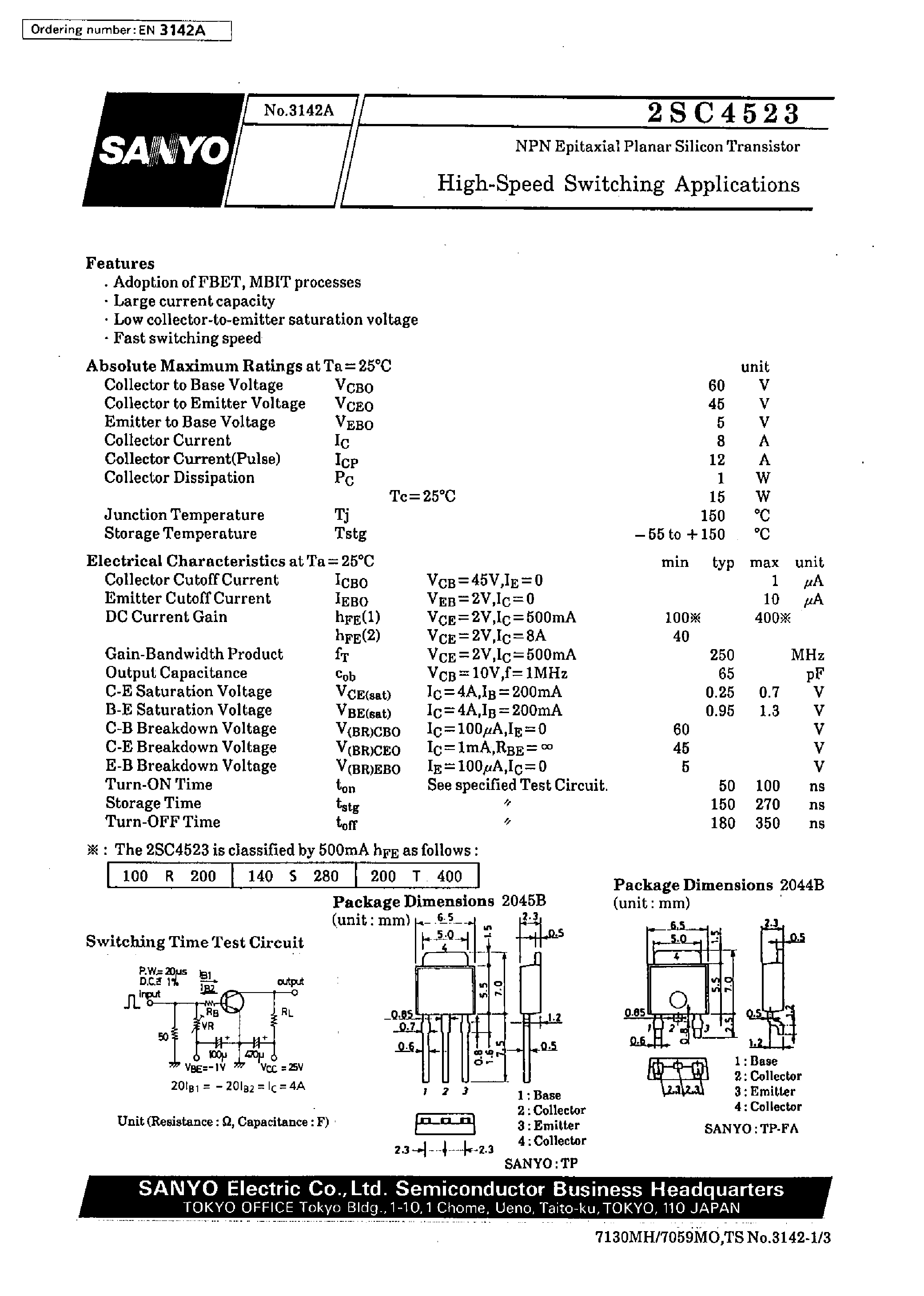 Datasheet 2SC4523 - High-Speed Switching Applications page 1