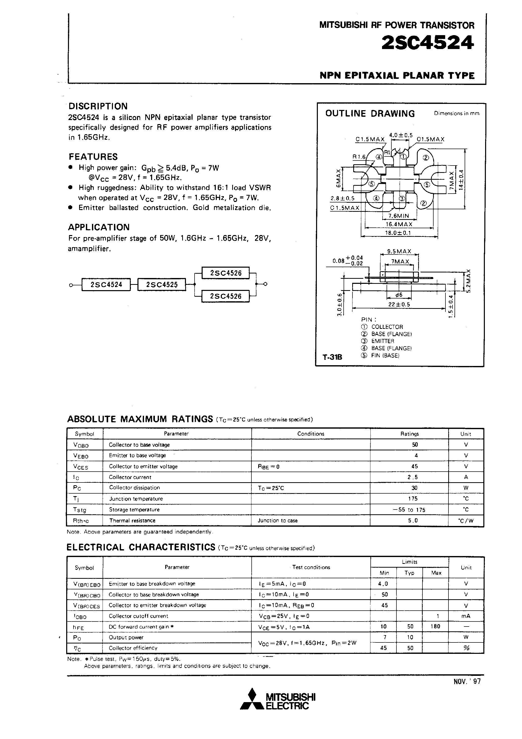 Datasheet 2SC4524 - NPN EPITAXIAL PLANAR TYPE (RF POWER TRANSISTOR) page 1