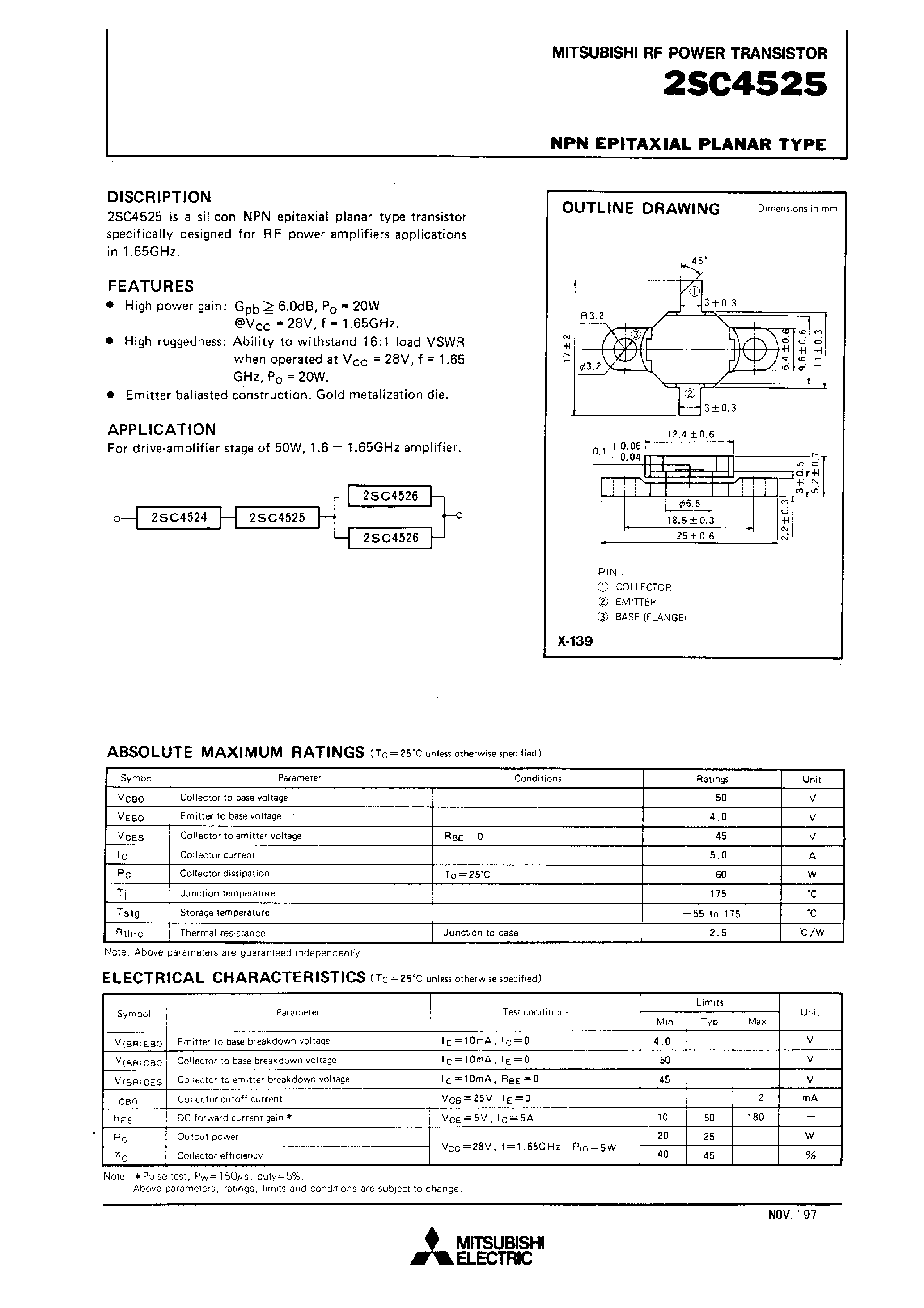 Datasheet 2SC4525 - NPN EPITAXIAL PLANAR TYPE (RF POWER TRANSISTOR) page 1