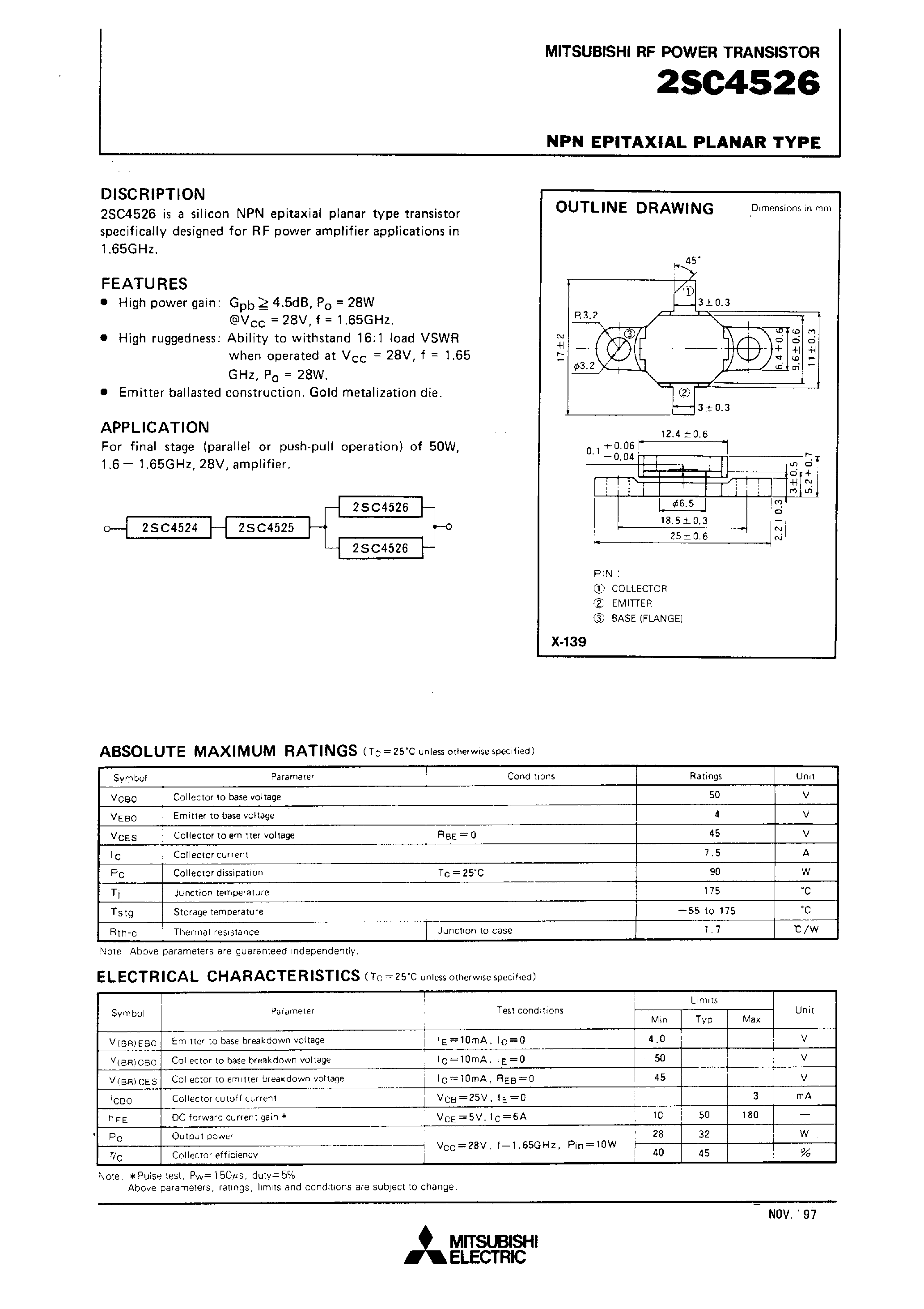 Datasheet 2SC4526 page 1 Datasheet 2SC4526 - NPN EPITAXIAL PLANAR TYPE (RF POWER TRANSISTOR) page 1