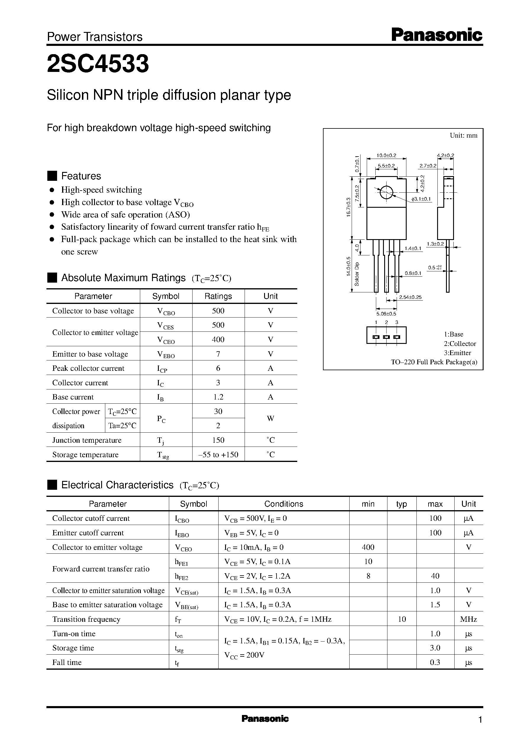 Datasheet 2SC4533 - Silicon NPN triple diffusion planar type(For high breakdown voltage high-speed switching) page 1