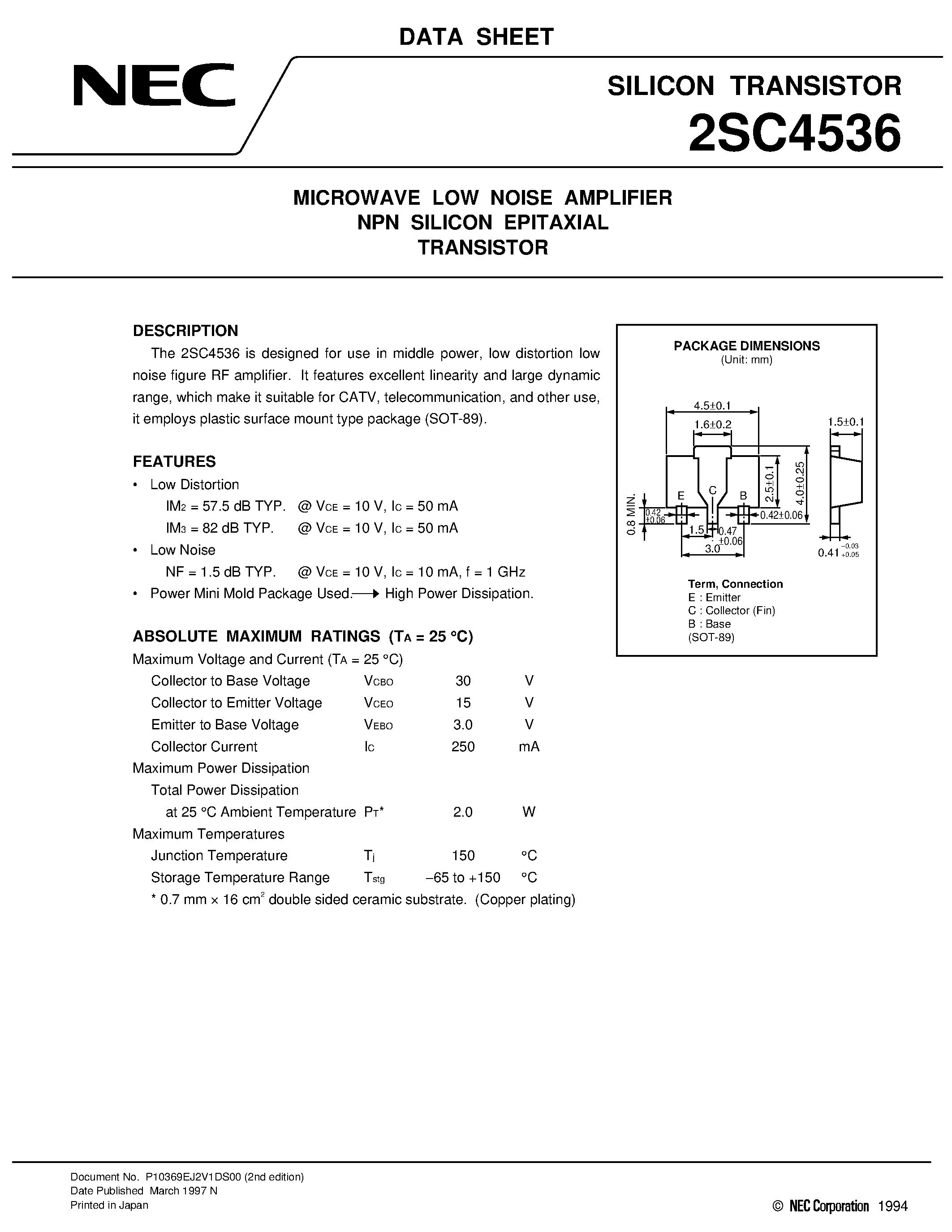 Datasheet 2SC4536 - MICROWAVE LOW NOISE AMPLIFIER NPN SILICON EPITAXIAL TRANSISTOR page 1