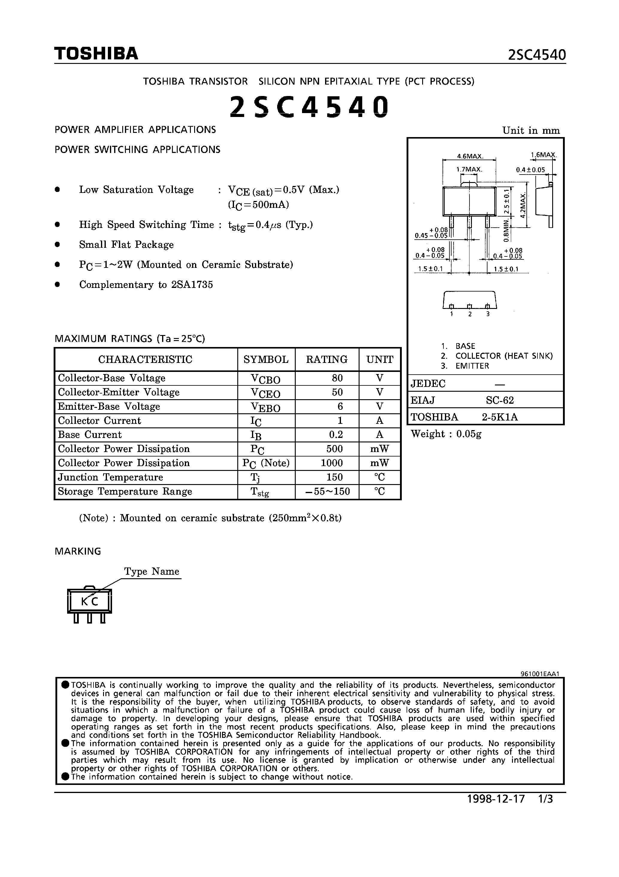Datasheet 2SC4540 page 1 Datasheet 2SC4540 - NPN EPITAXIAL TYPE (POWER AMPLIFIER/ SWITCHING APPLICATIONS) page 1
