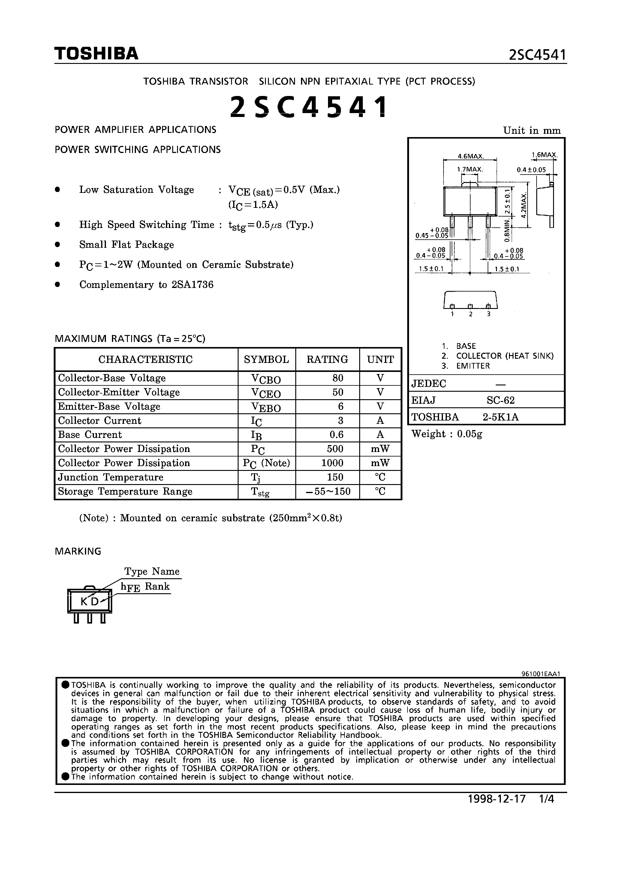 Datasheet 2SC4541 page 1 Datasheet 2SC4541 - NPN EPITAXIAL TYPE (POWER AMPLIFIER/ SWITCHING APPLICATIONS) page 1