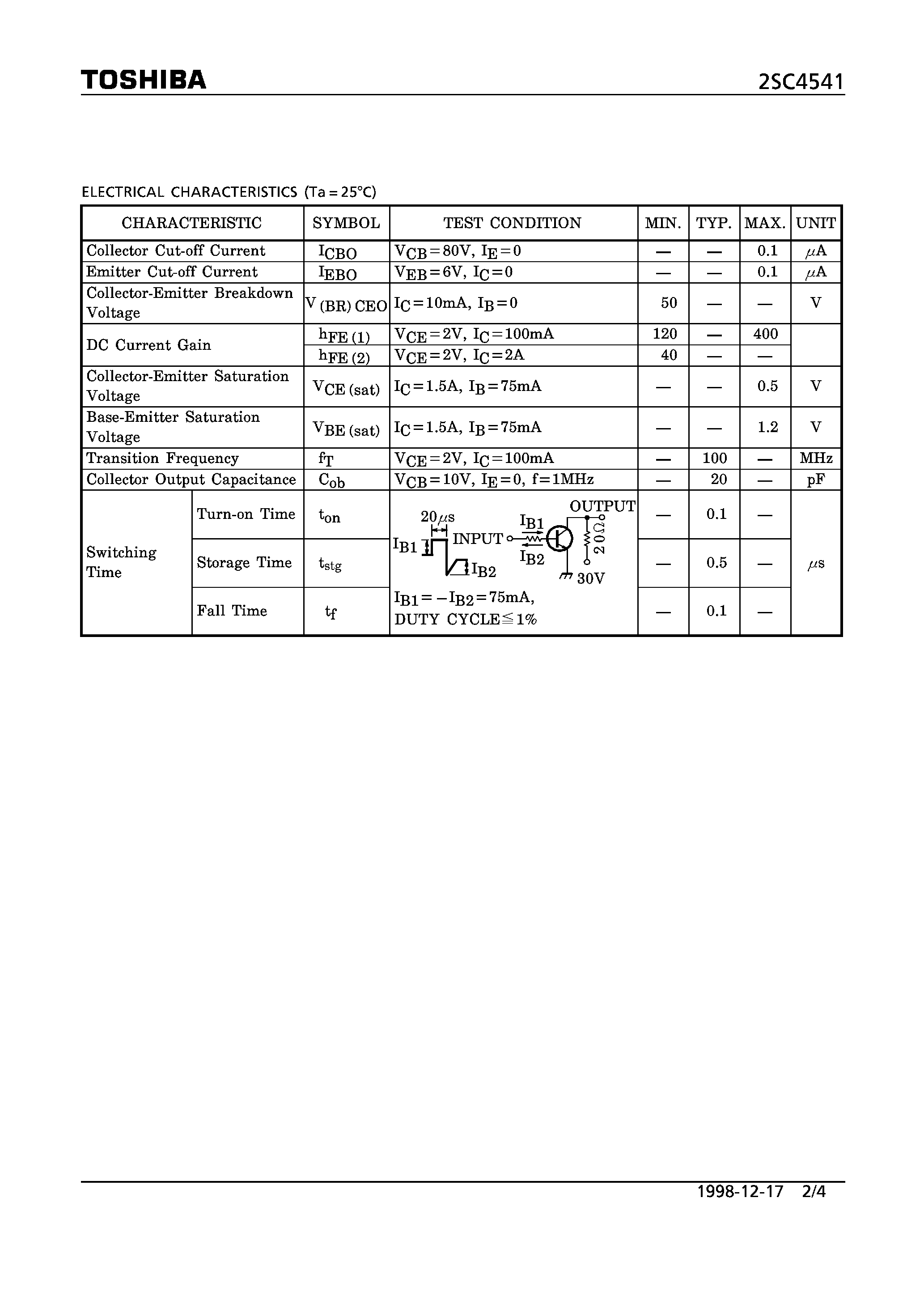 Datasheet 2SC4541 page 2 Datasheet 2SC4541 - NPN EPITAXIAL TYPE (POWER AMPLIFIER/ SWITCHING APPLICATIONS) page 2