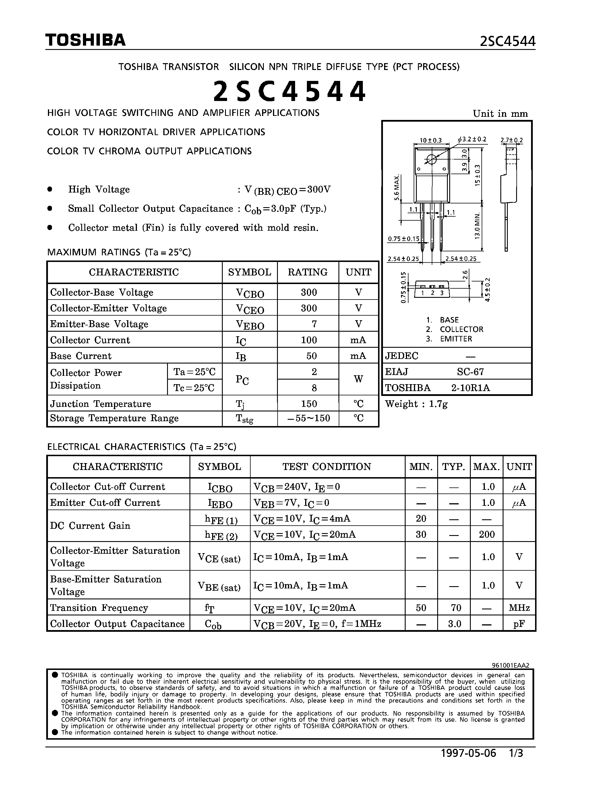 Datasheet 2SC4544 page 1 Datasheet 2SC4544 - NPN TRIPLE DIFFUSE TYPE (HIGH VOLTAGE SWITCHING AND AMPLIFIER/ COLOR TV HORIZONTAL DIRVER/ CHROMA OUTPUT APPLICATIONS) page 1
